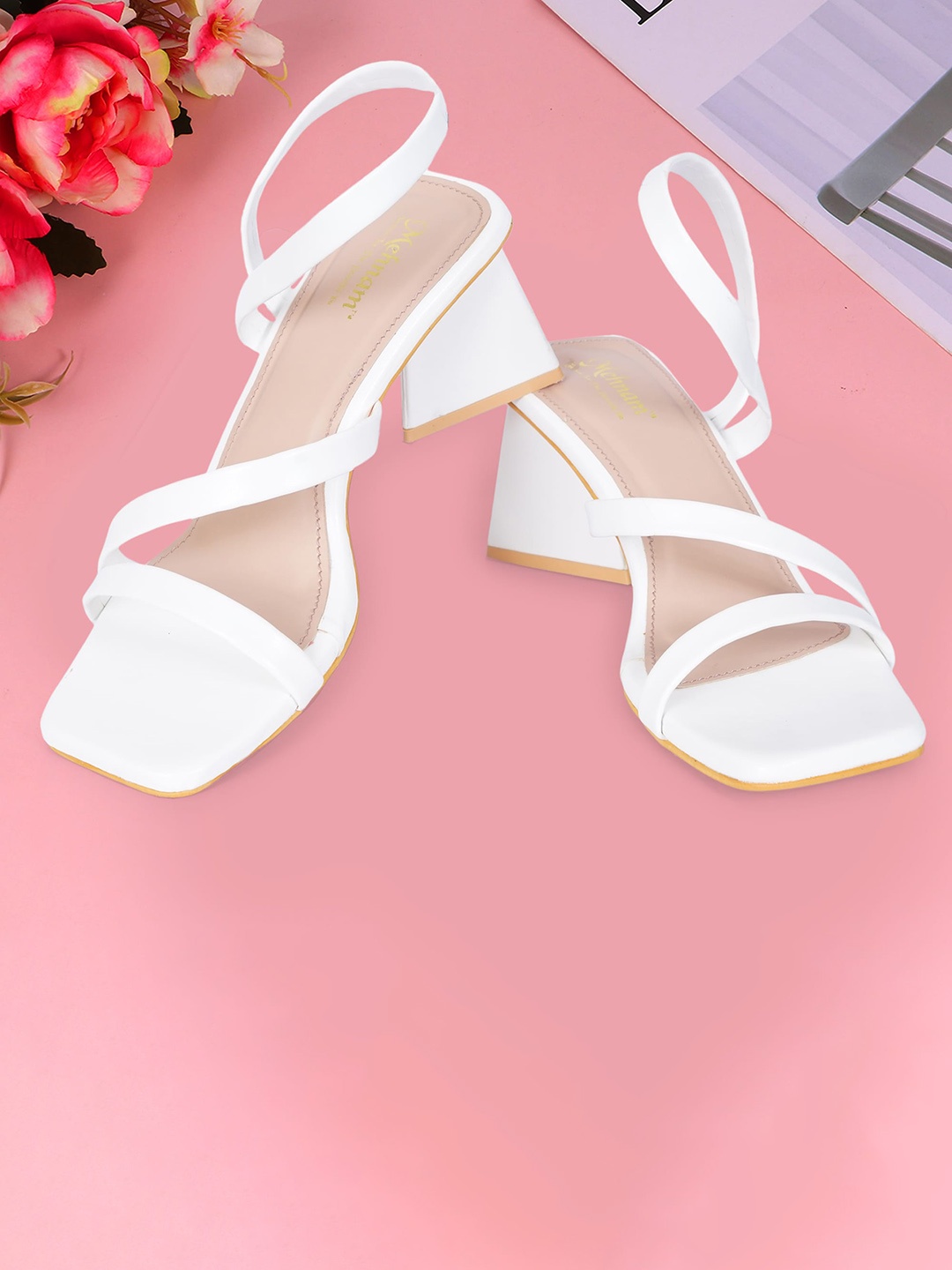 

MEHNAM Open Toe Synthetic Block Heels, White