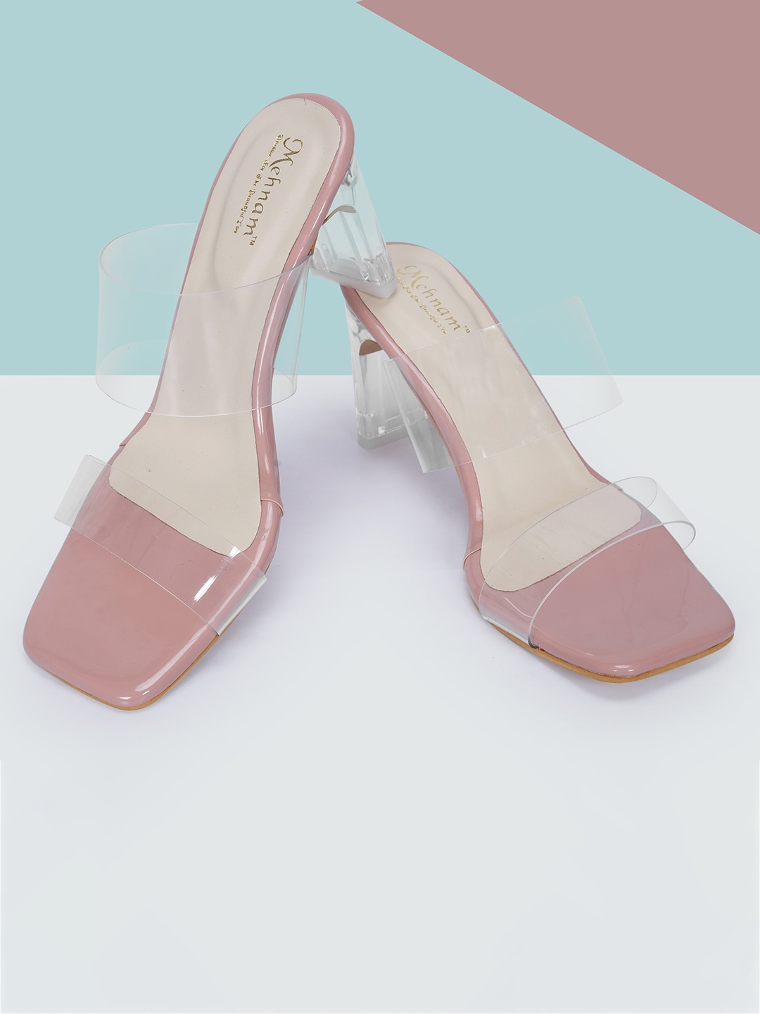

MEHNAM Open Toe Synthetic Block Heels, Peach