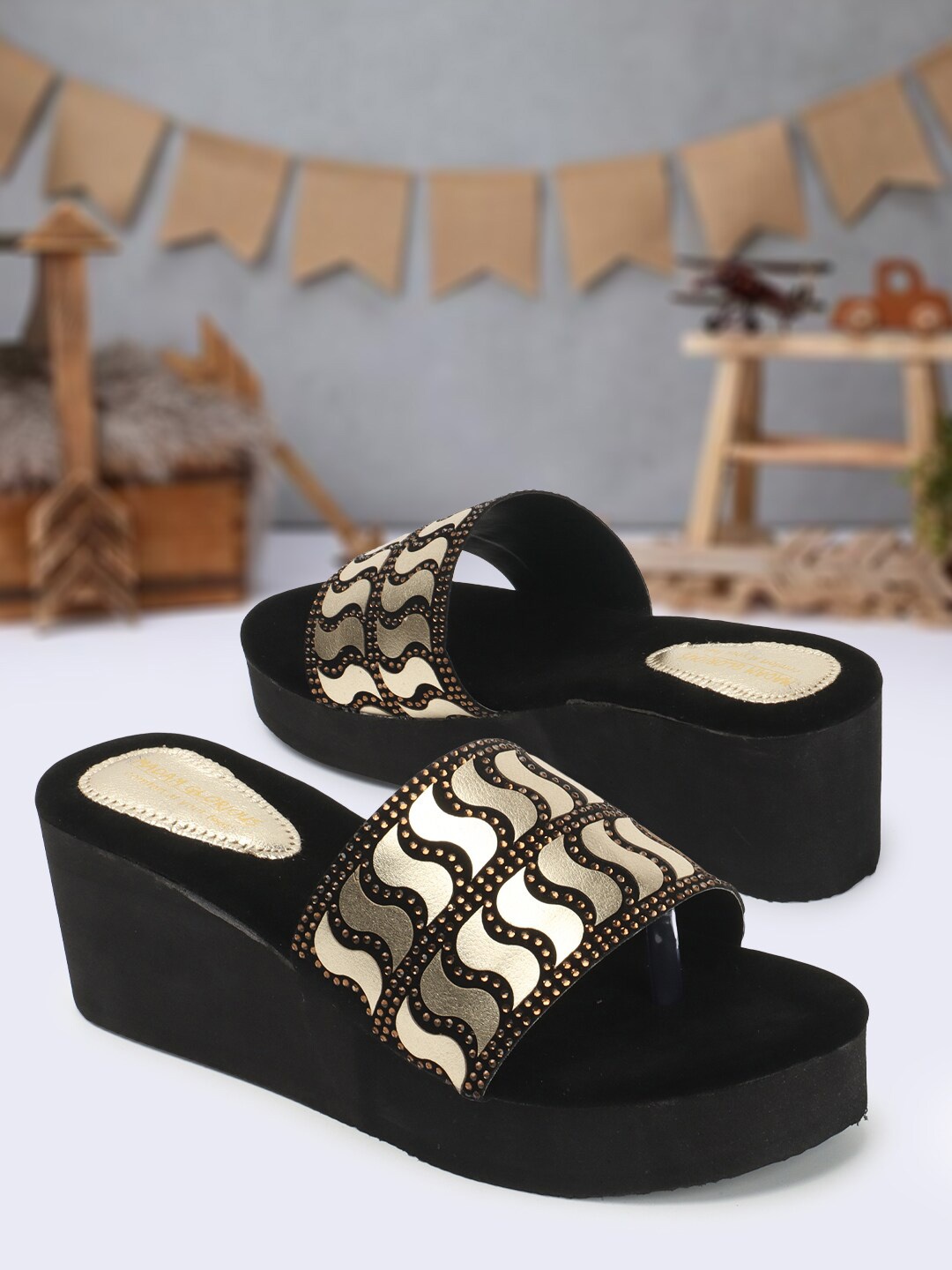 

madam glorious Embellished Open Toe Flatform Heels, Gold