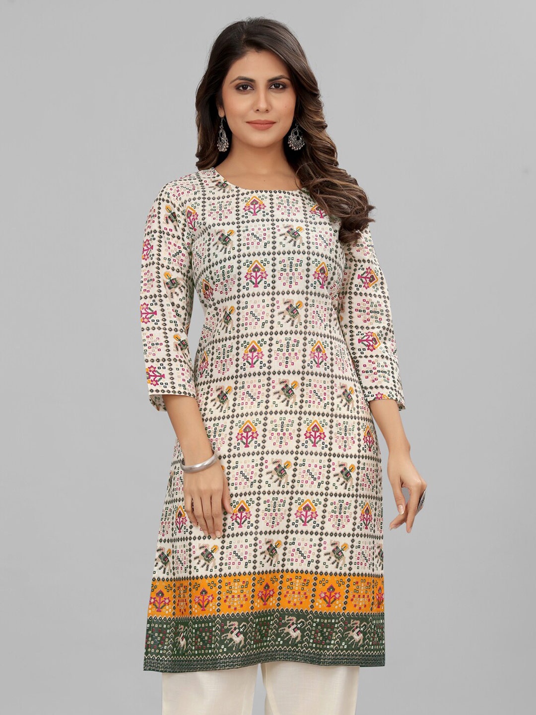

Riti Wome Bandhani Printed Pure Cotton Straight Kurta, Off white