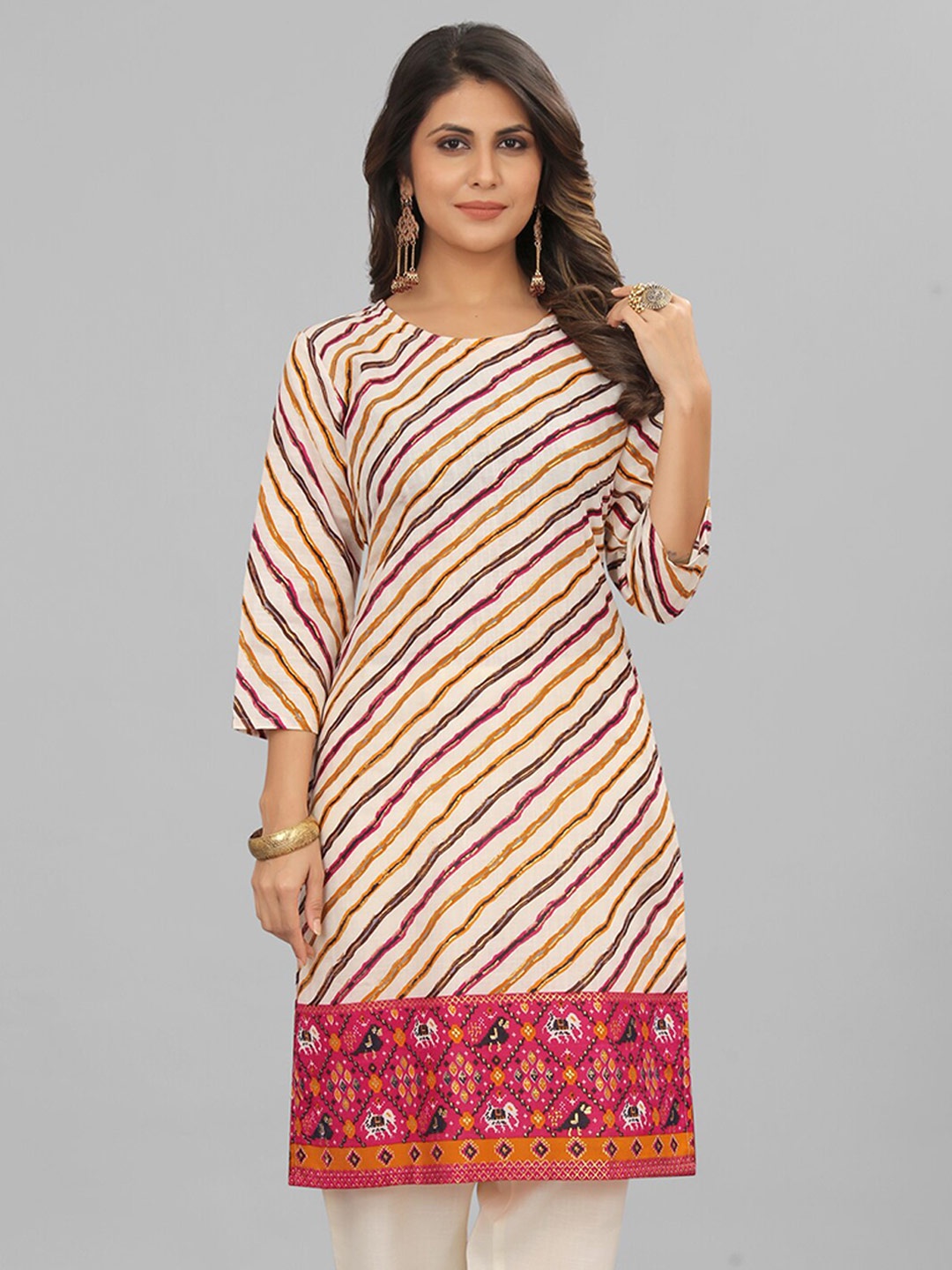 

Riti Striped Round Neck Pure Cotton Kurta, Off white