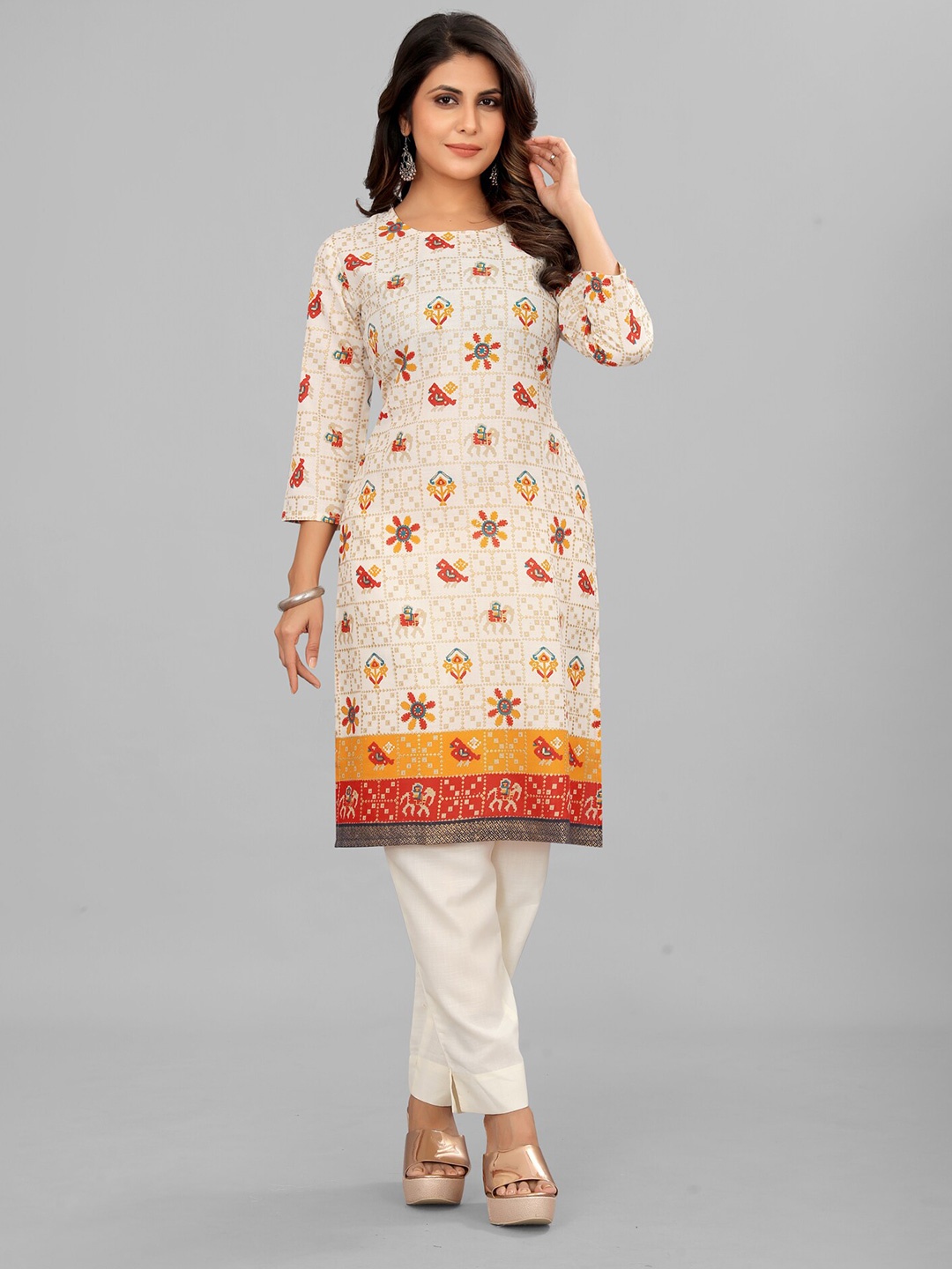 

Riti Ethnic Motifs Printed Pure Cotton Straight Kurta, White