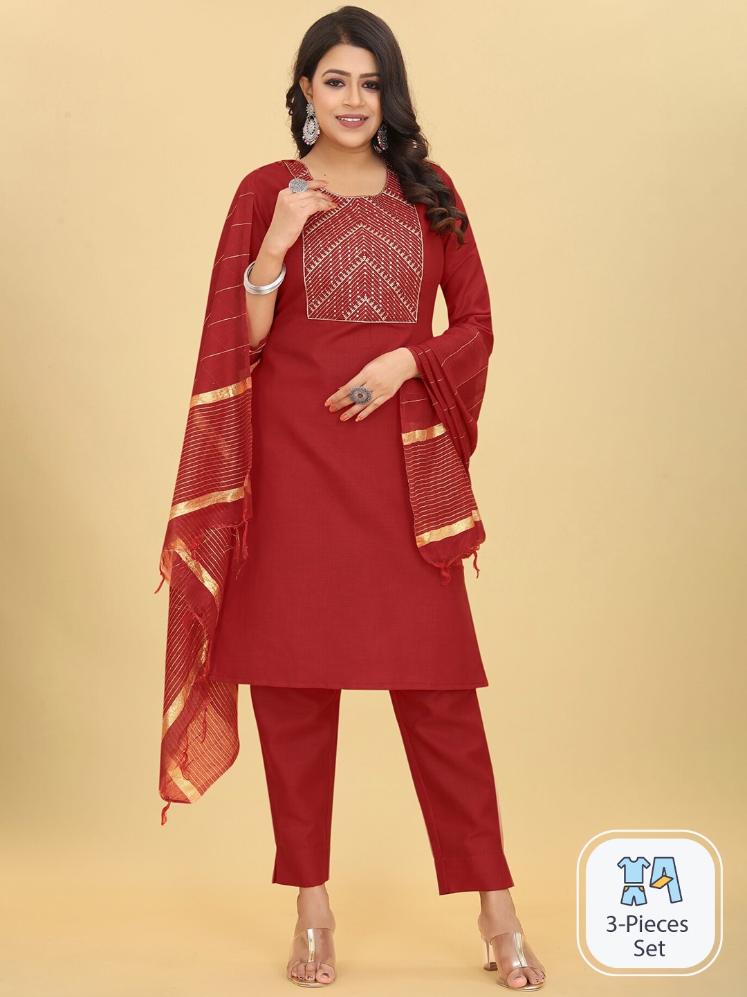 

Riti Ethnic Motifs Yoke Design Straight Sequinned Kurta With Trousers & With Dupatta, Maroon