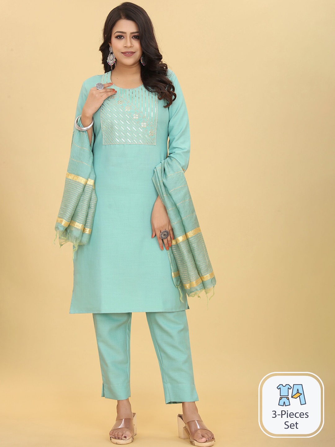 

Riti Ethnic Motifs Yoke Design Straight Sequinned Kurta With Trousers & With Dupatta, Sea green