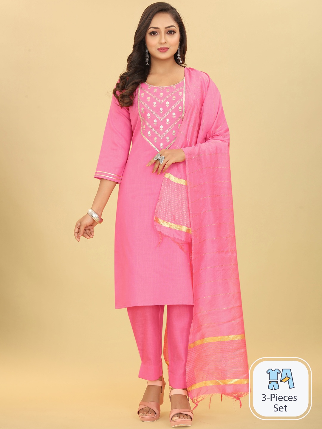 

Riti Floral Yoke Design Straight Kurta With Trousers & Dupatta, Pink