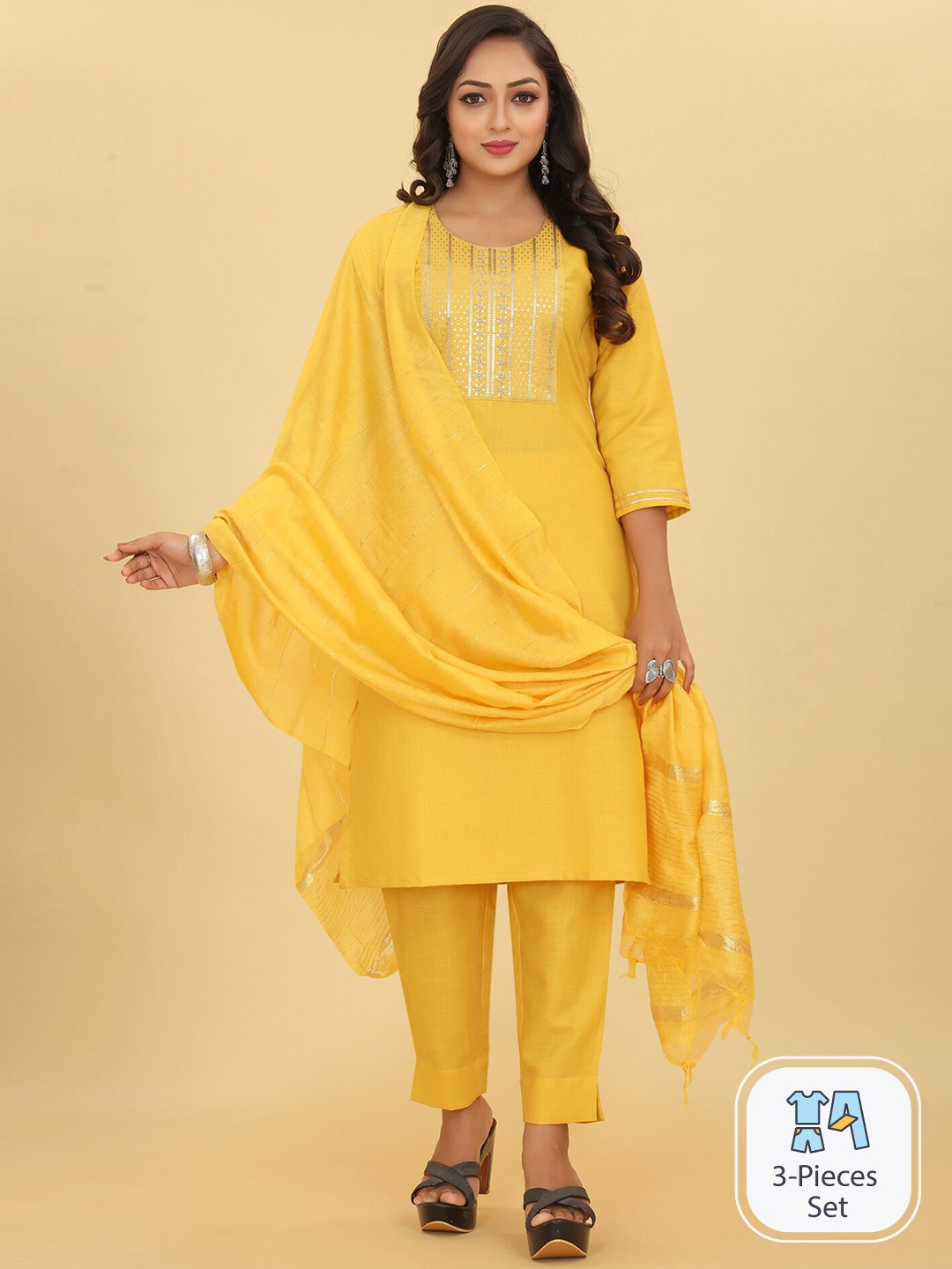 

Riti Floral Embellished Kurta With Trousers & Dupatta, Yellow