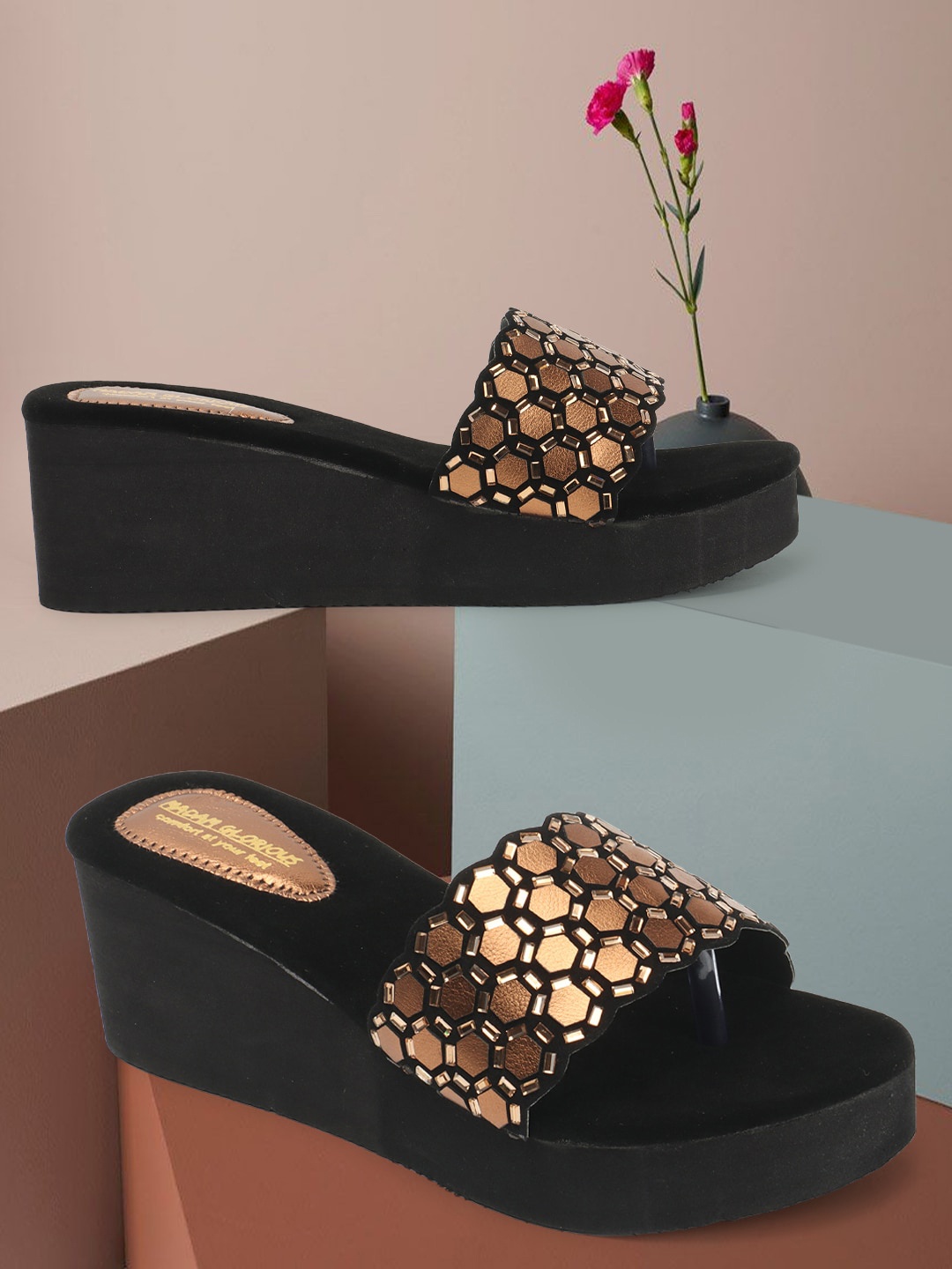 

madam glorious Embellished Open Toe Wedges, Copper