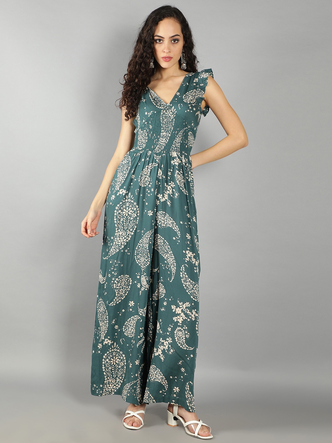 

DEBONATELLA Paisley Printed V-Neck Smocked Basic Jumpsuit, Teal