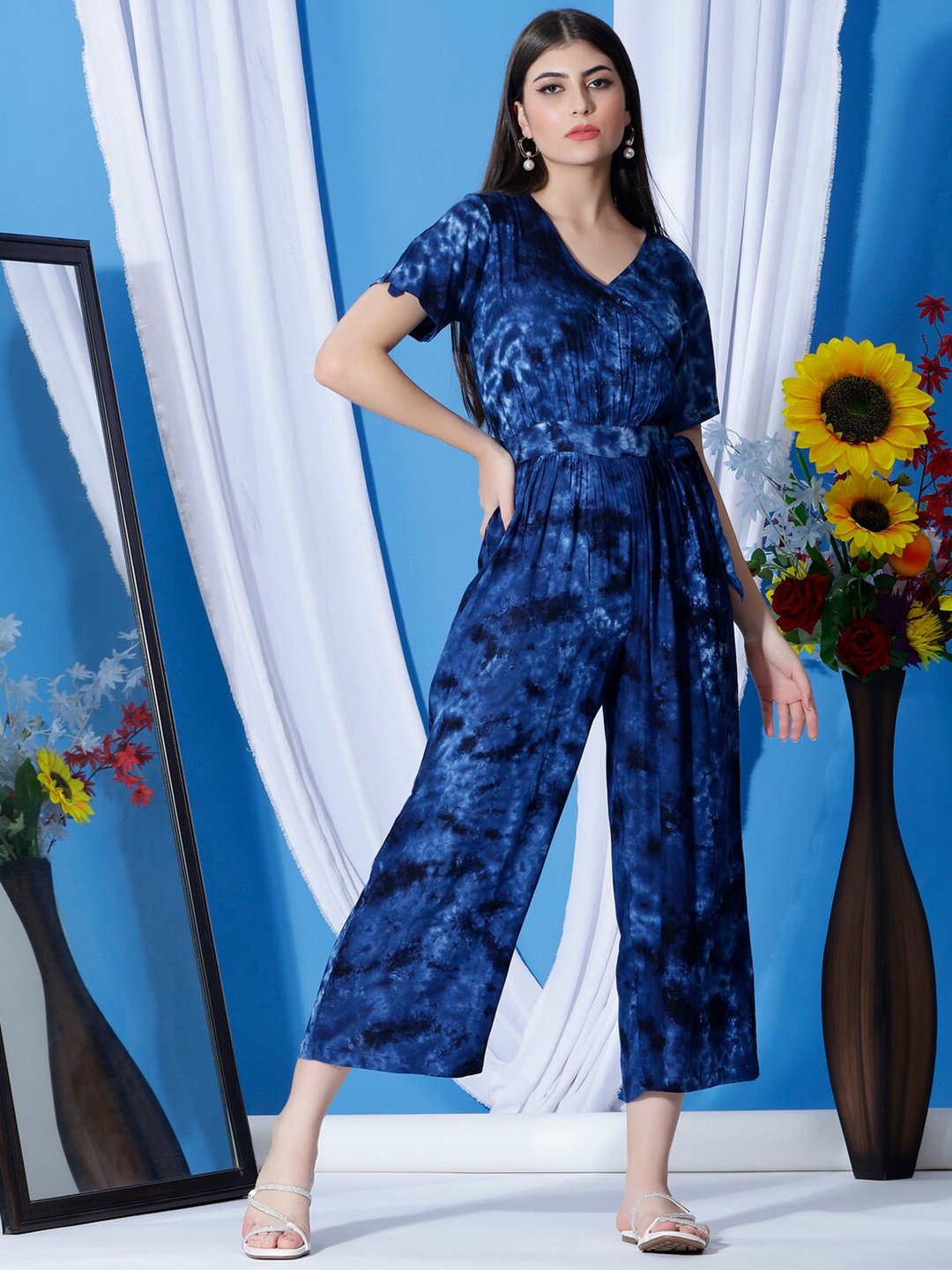 

DEBONATELLA Tie & Dye Dyed V-Neck Waist Tie-Up Culotte Jumpsuit, Navy blue
