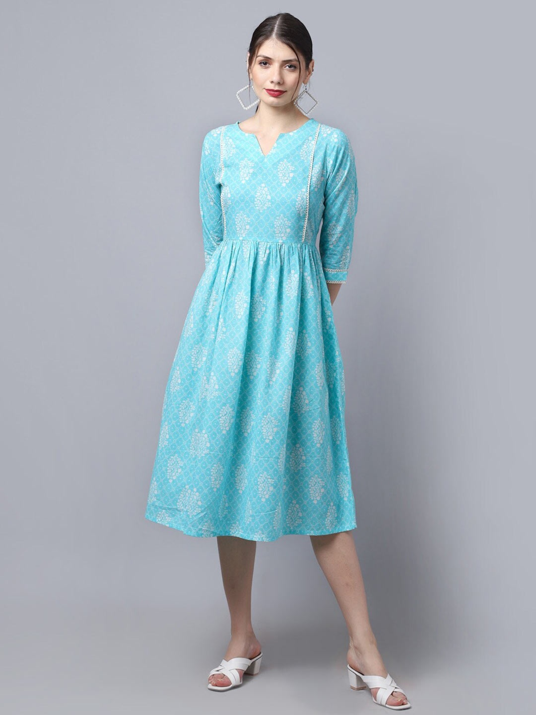 

LARGISH Floral Print Gathered Fit & Flare Pure Cotton Dress, Blue