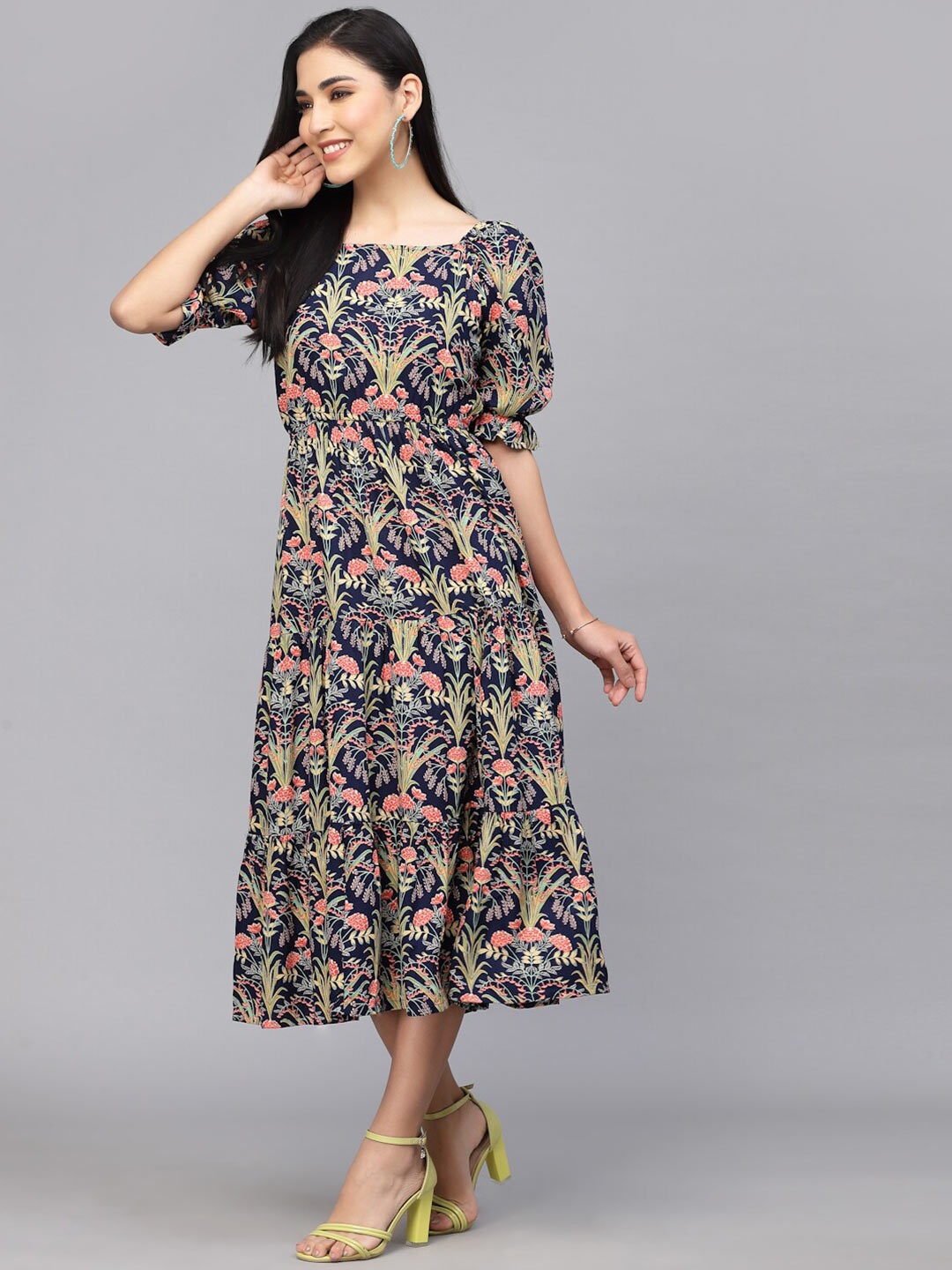 

LARGISH Floral Printed Puff Sleeves Cotton Fit & Flare Midi Dress, Blue