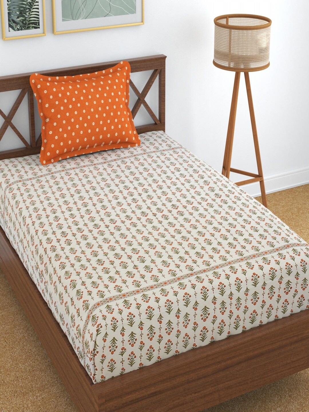 

Homefab India White & Orange Floral Cotton 210 TC Single Bedsheet with 1 Pillow Cover