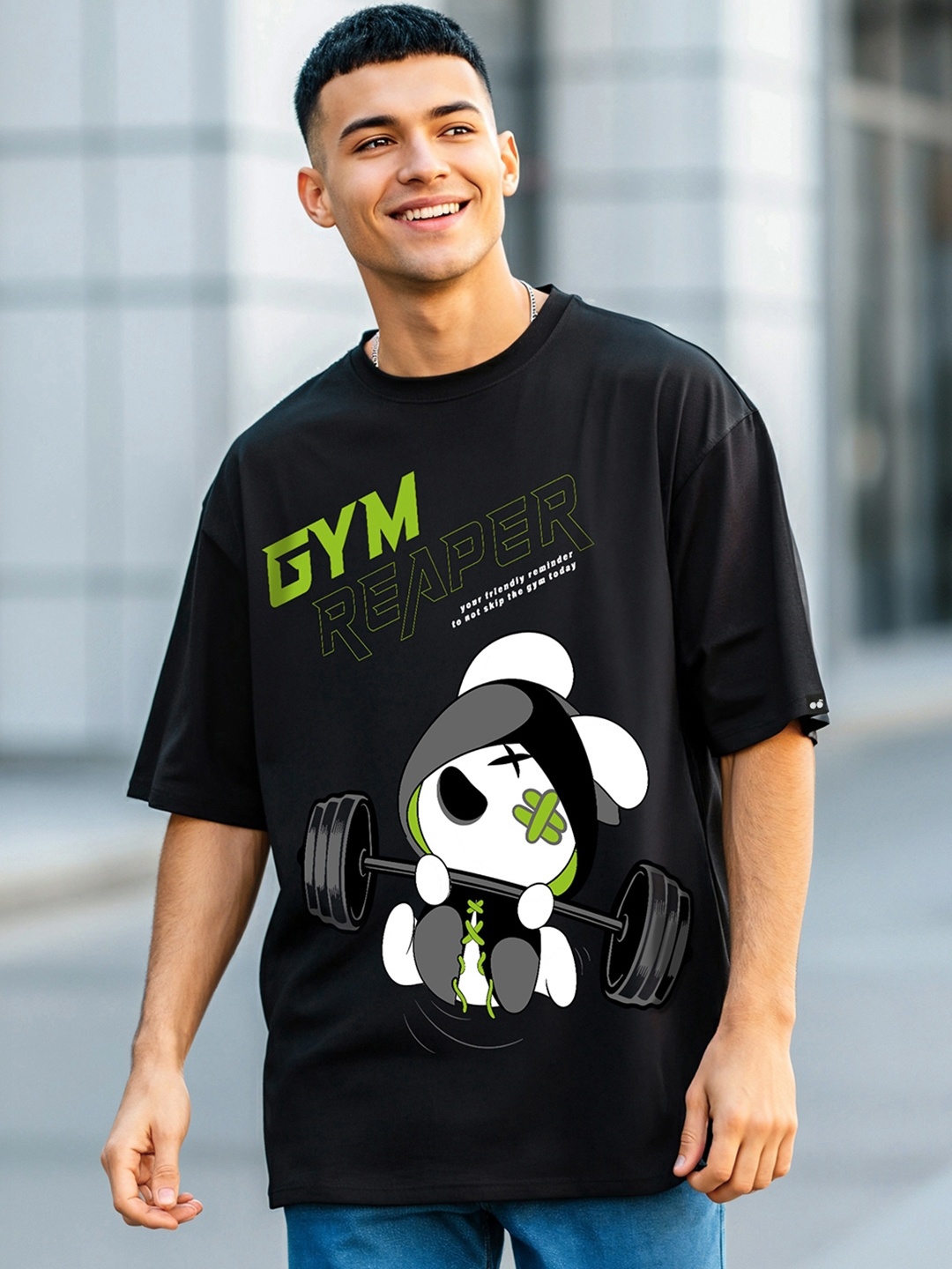 

Bewakoof Gym Reaper Graphic Printed Oversized T-shirt, Black