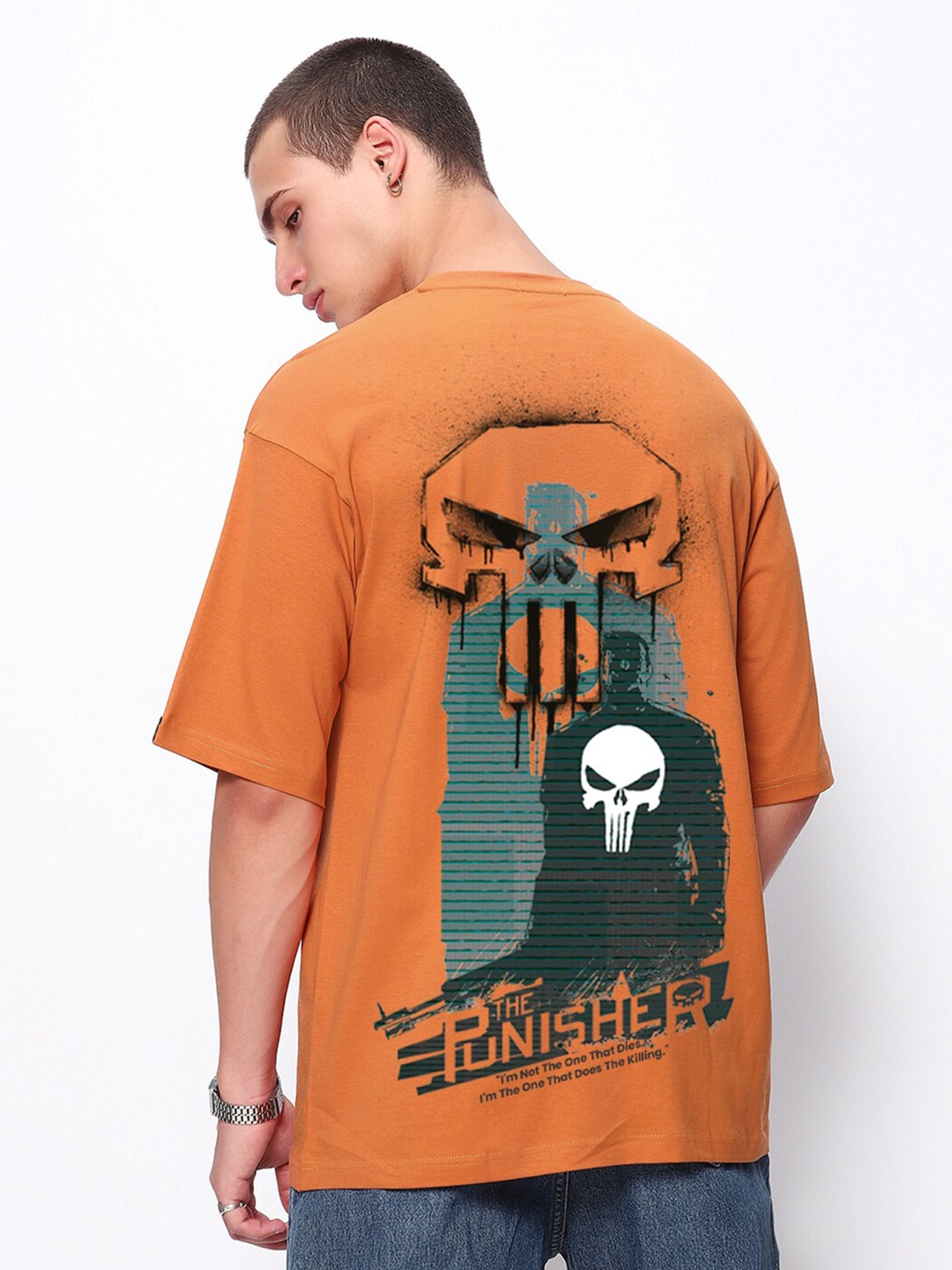 

Bewakoof The Punisher Printed Pure Cotton Oversized Drop-Shoulder Sleeves T-shirt, Orange