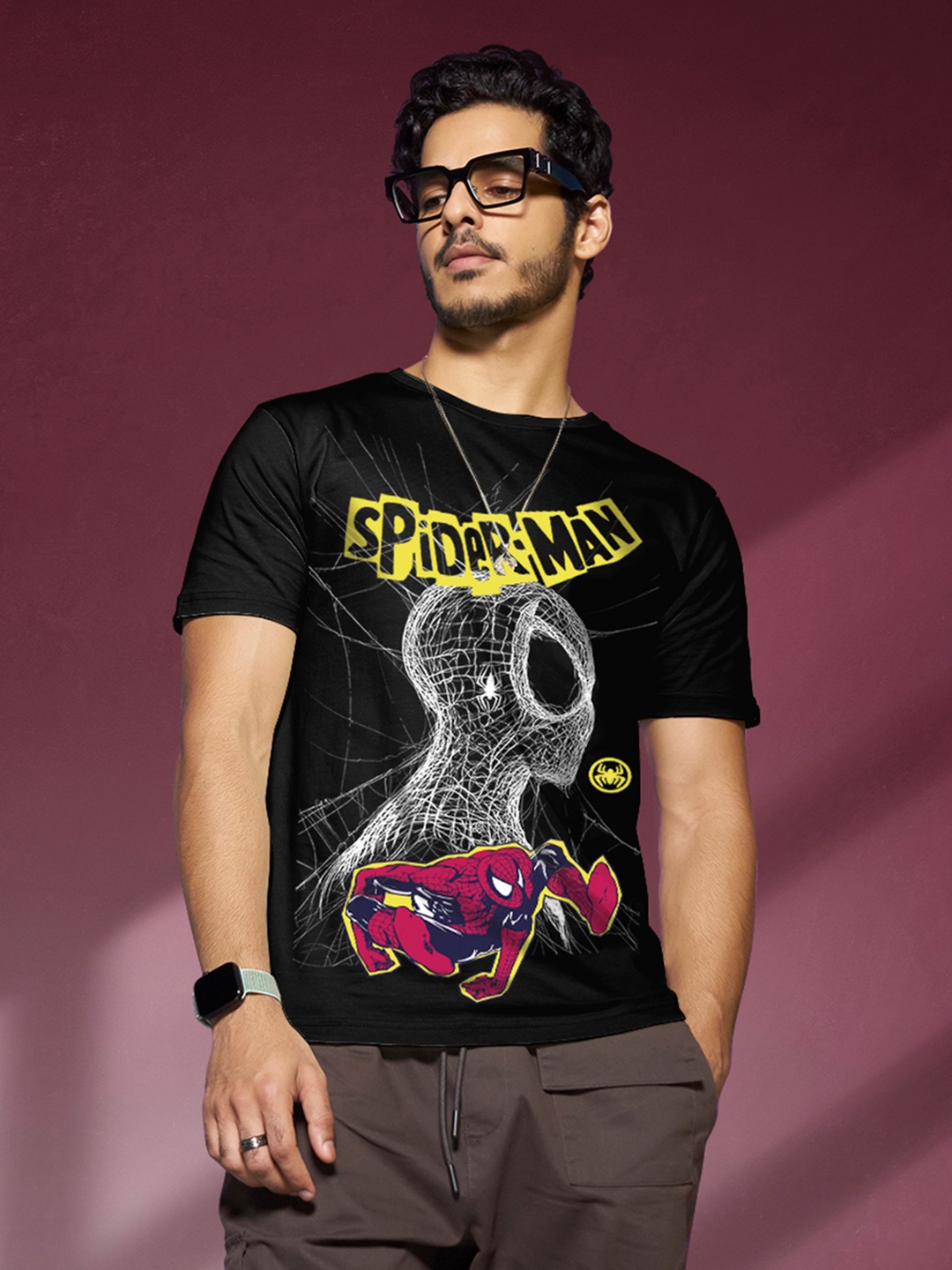 

Bewakoof Black Spider-Man Printed Short Sleeves Pure Cotton T-shirt