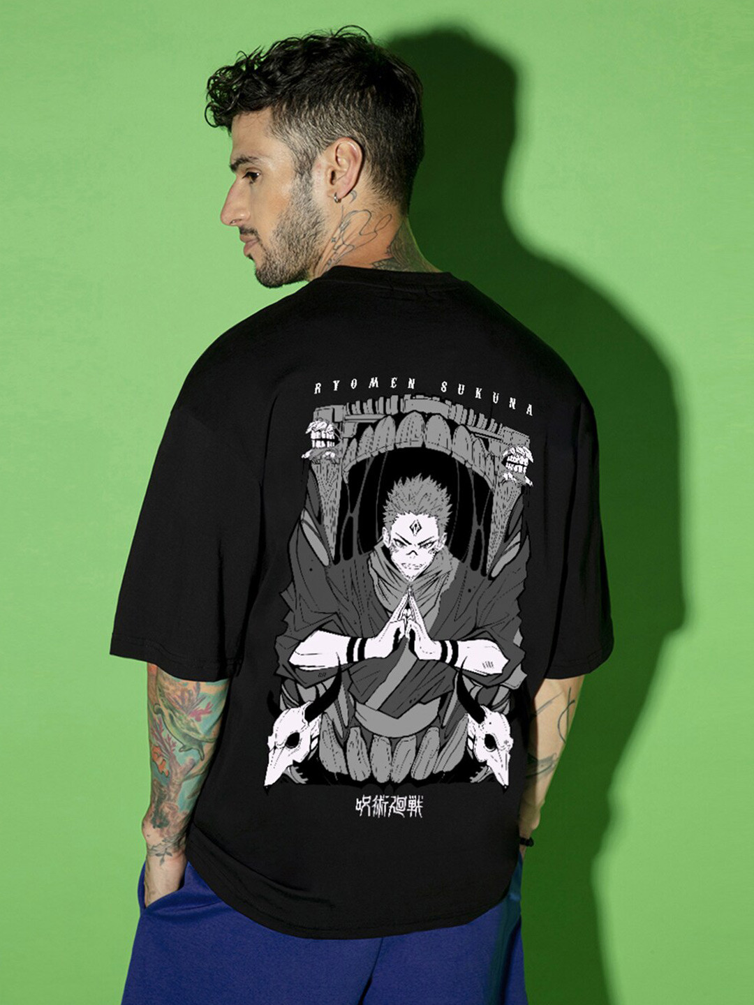 

Bewakoof Sukuna Printed Pure Cotton Oversized Drop-Shoulder Sleeves T-shirt, Black