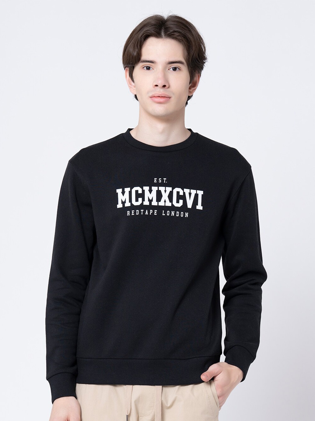 

Red Tape Typography Printed Long Sleeves Pullover Sweatshirt, Black