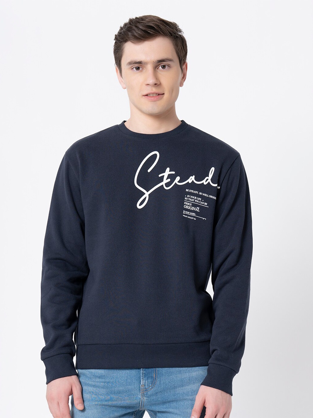 Red Tape Typography Printed Long Sleeves Pullover Sweatshirt, Navy blue