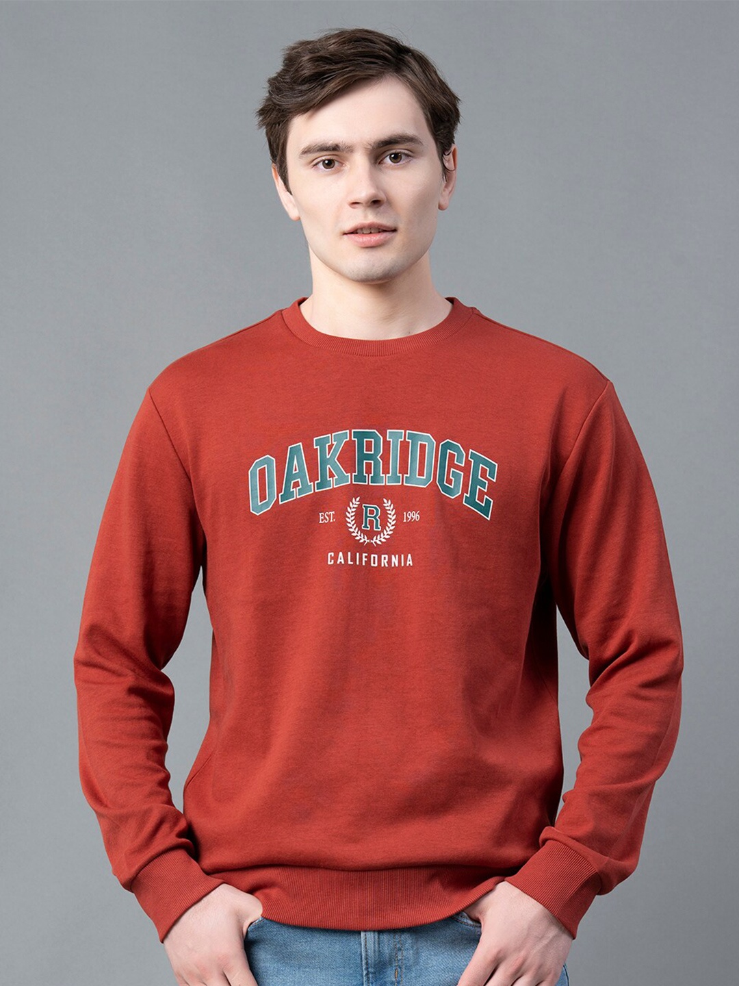 Red Tape Typography Printed Long Sleeves Pullover Sweatshirt, Rust