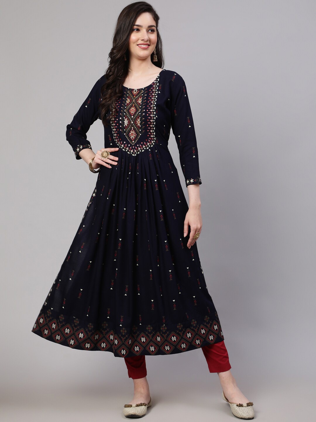 

SAABHI Ethnic Motifs Printed Beads & Stones Casual Anarkali Kurta, Blue