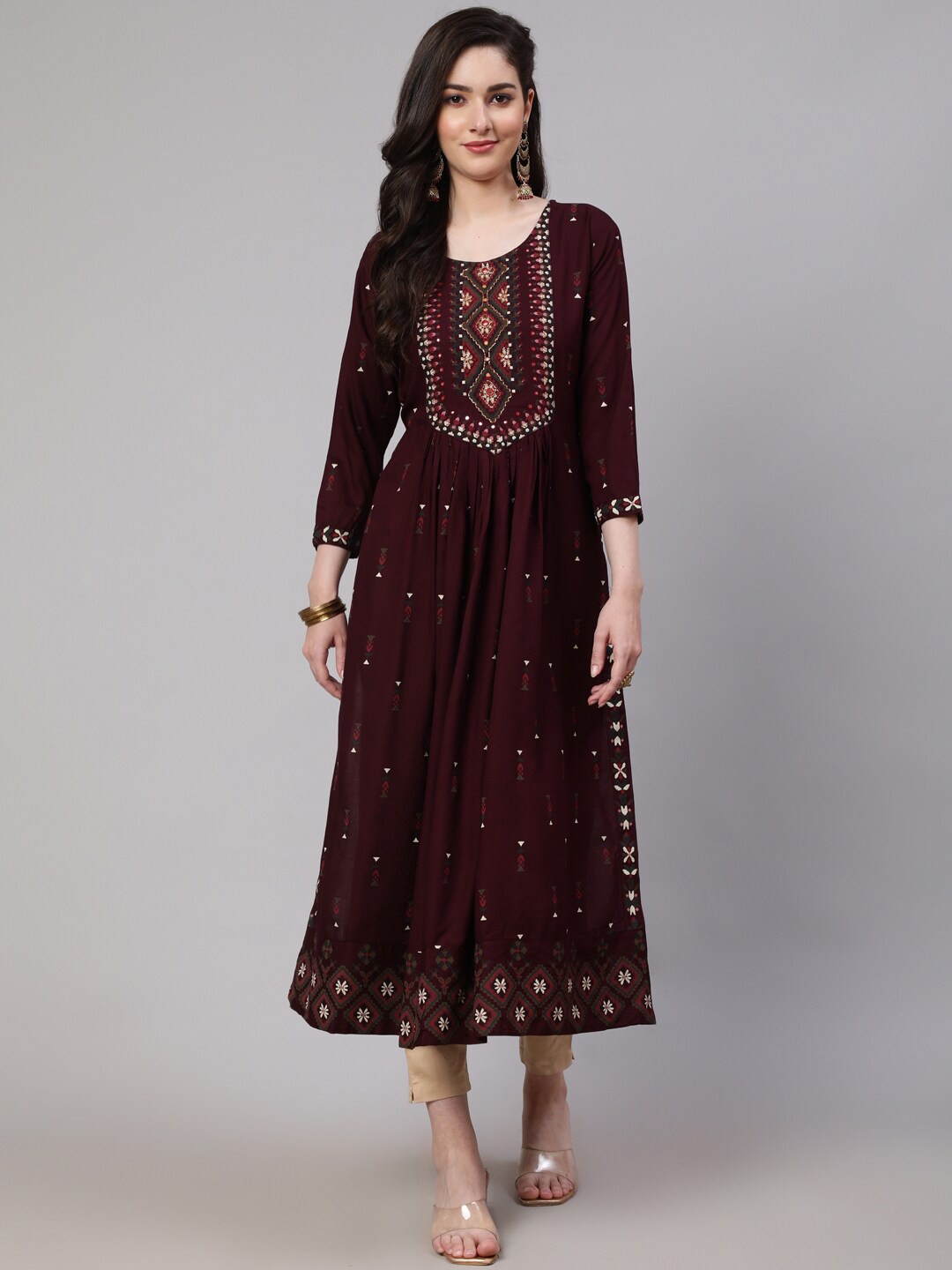 SAABHI Ethnic Motifs Printed Bead And Stones Pleated Kurta, Purple