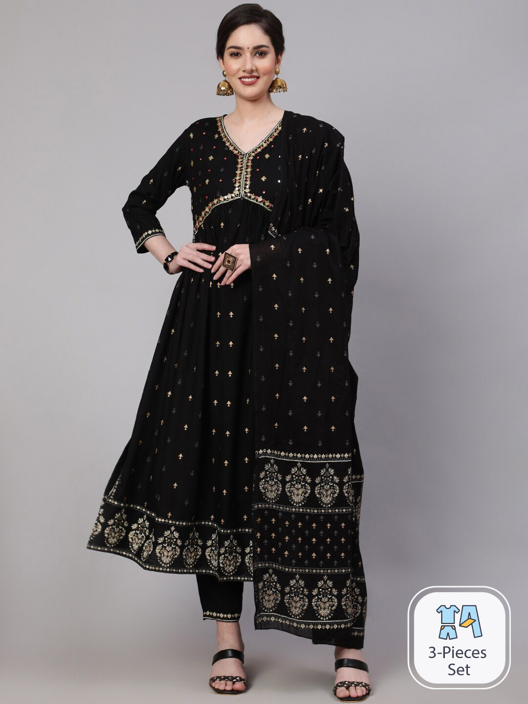 

SAABHI Ethnic Motif Printed Empire Mirror Work Anarkali Kurta With Trousers & With Dupatta, Black