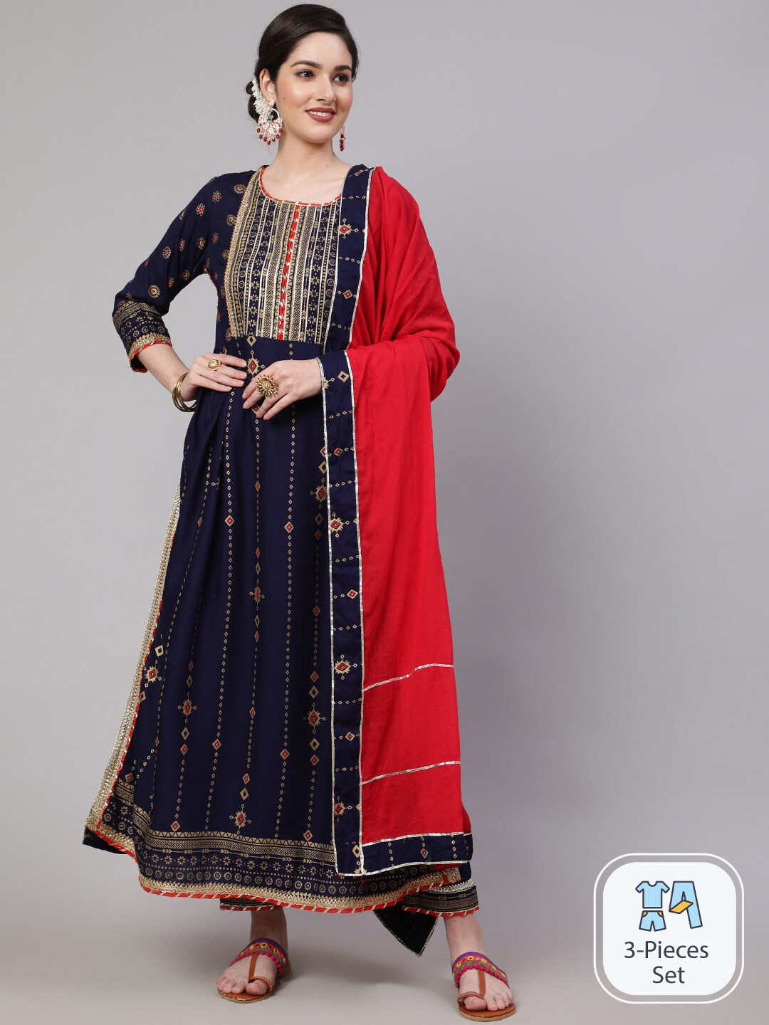 

SAABHI Ethnic Motifs Printed Gotta Patti Straight Kurta With Trousers & Dupatta, Navy blue