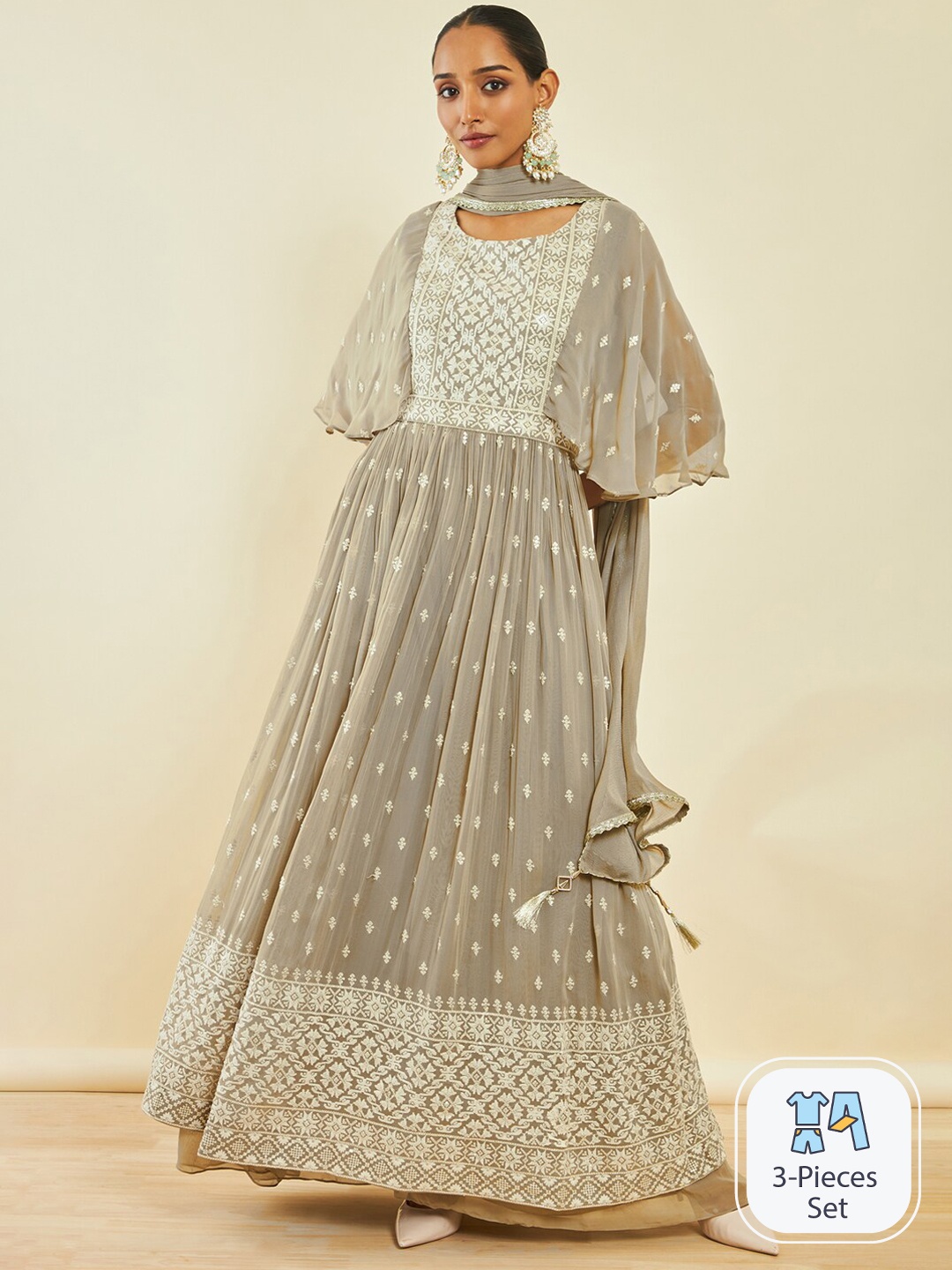 

Soch Ethnic Motifs Embroidered High Slit Thread Work Kurta With Palazzos & Dupatta, Beige
