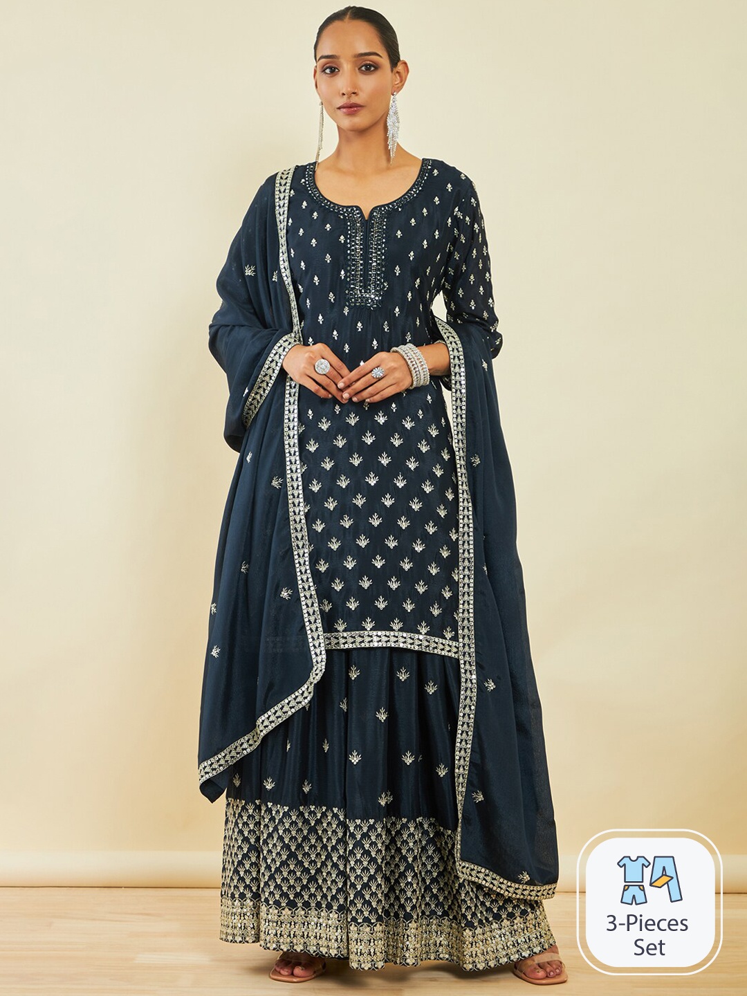 

Soch Ethnic Motifs Embroidered Sequinned Detailed Straight Kurta & Palazzos With Dupatta, Navy blue
