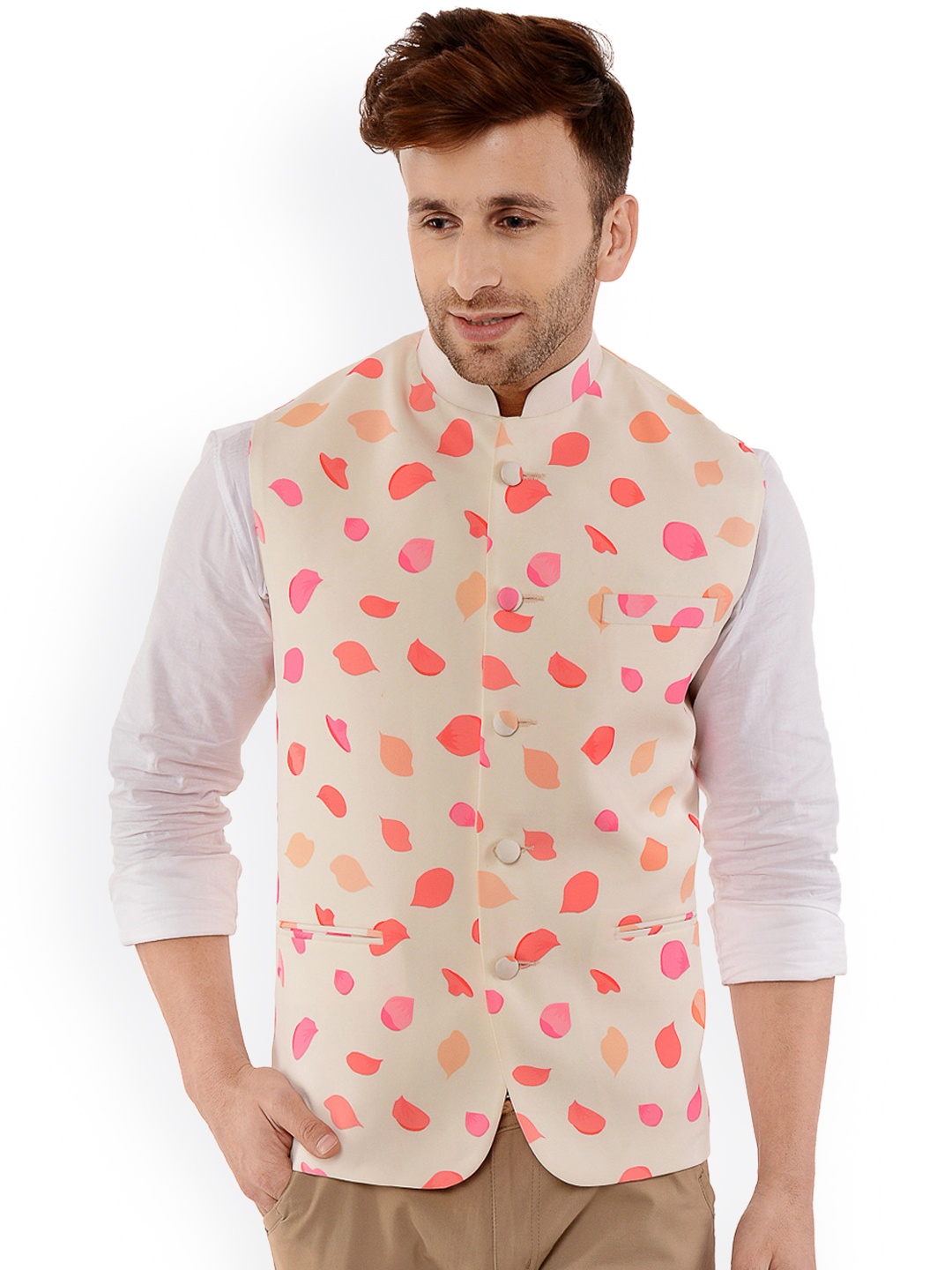 

Hangup Men Beige Printed Nehru Jacket