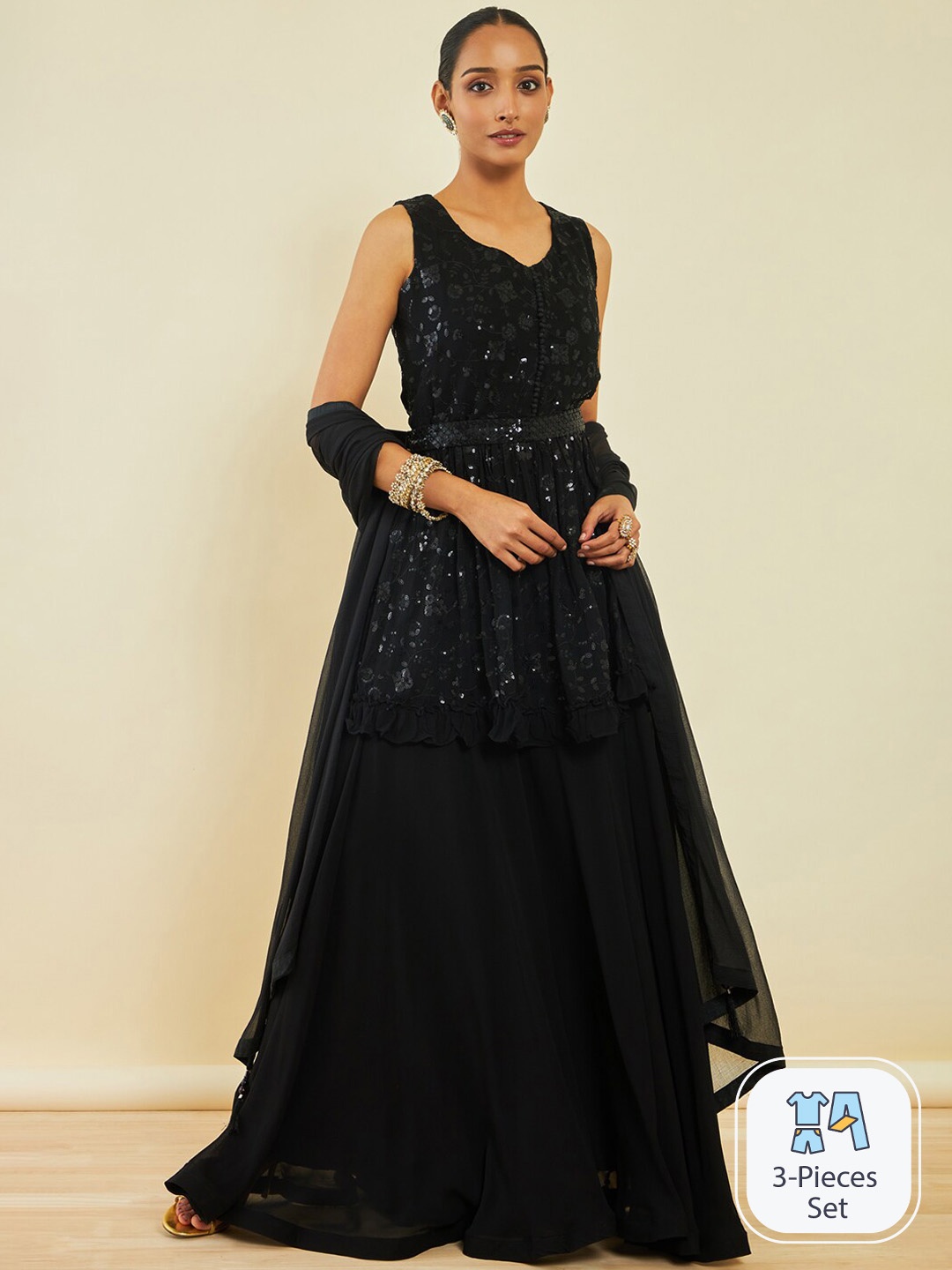 

Soch Ethnic Motifs Embroidered Sequinned Kurta with Palazzos & Dupatta, Black