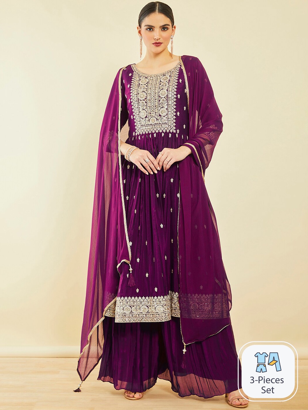 

Soch Ethnic Motifs Embroidered Sequinned High Slit Kurta With Palazzos & Dupatta, Maroon