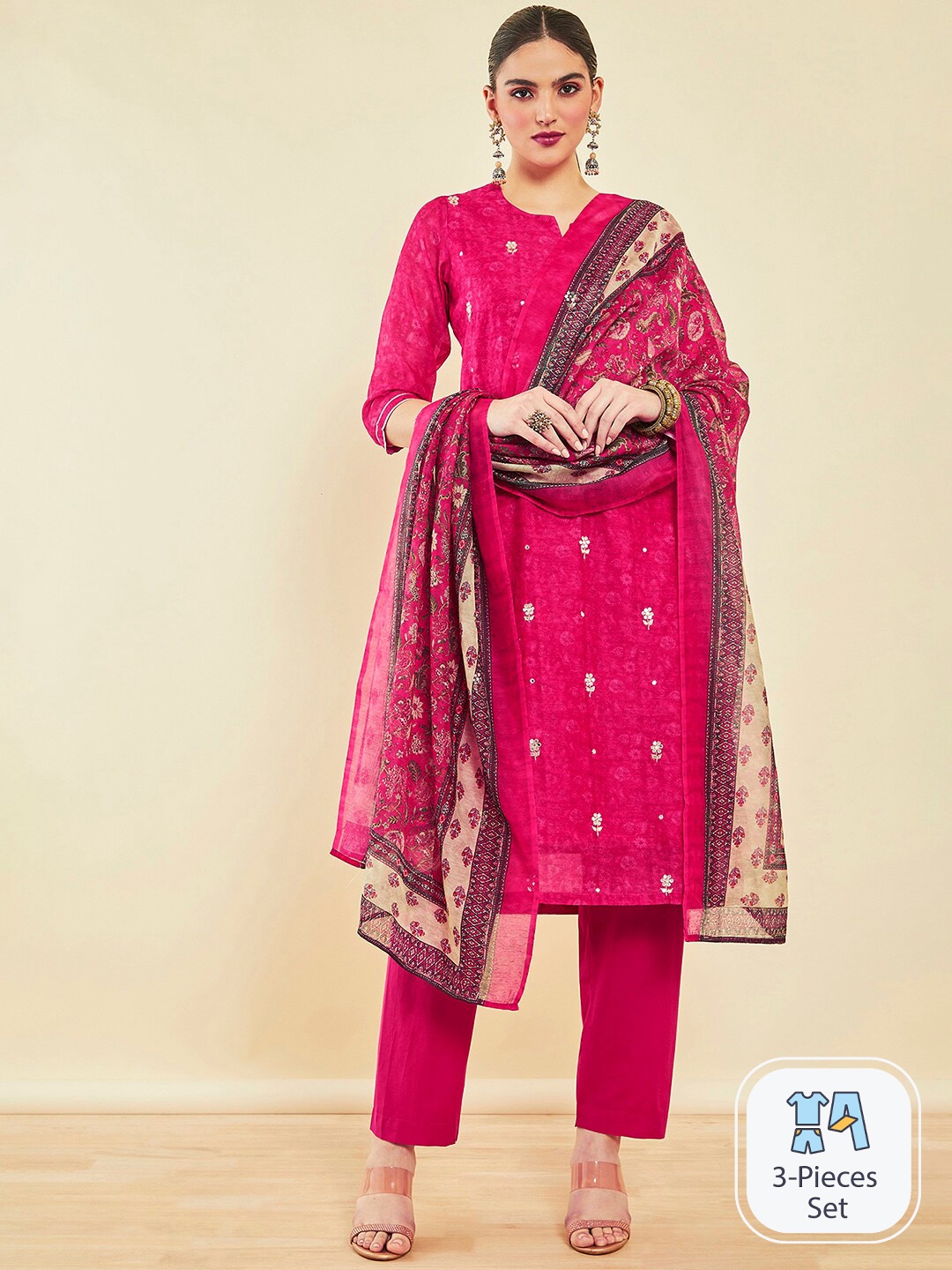 

Soch Pink Floral Printed Thread Work Chanderi Silk Kurta with Trousers & Dupatta