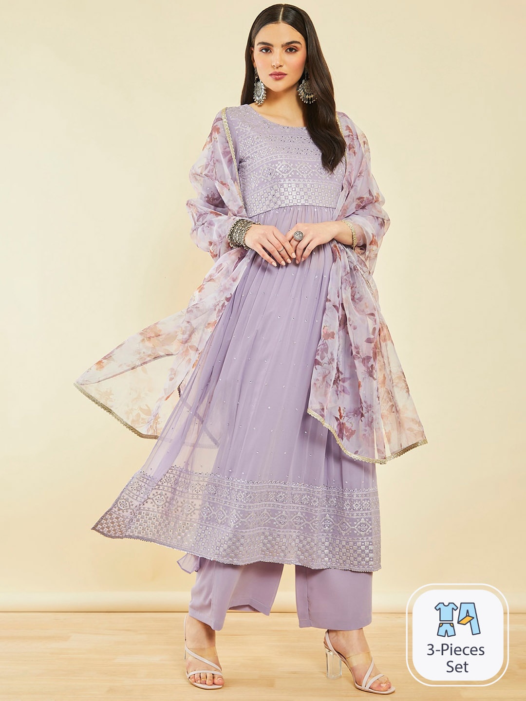 

Soch Ethnic Motifs Embroidered High Slit Sequinned Kurta With Palazzos & Dupatta, Purple