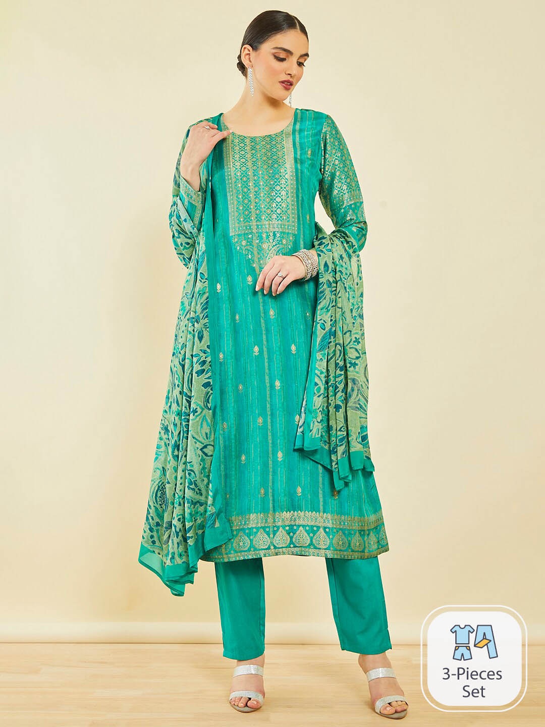 

Soch Ethnic Motifs Woven Design Brocade Kurta with Trousers & Dupatta, Turquoise blue