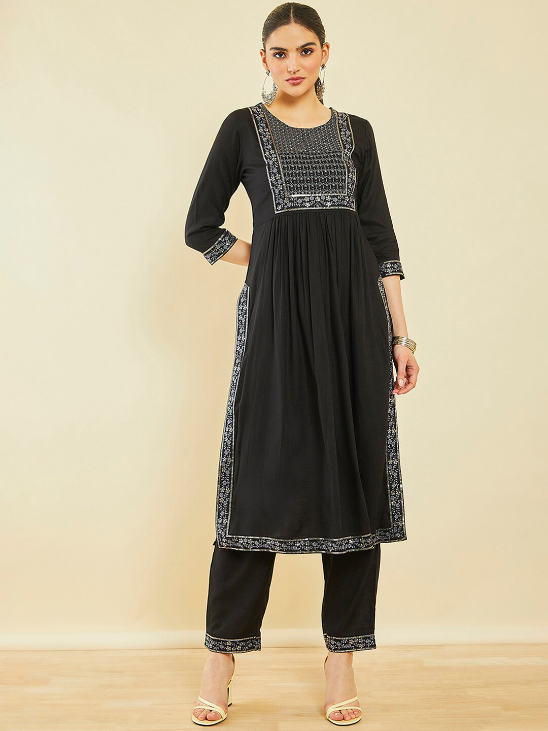

Soch Ethnic Motifs Yoke Design Sequinned Kurta With Trousers, Black