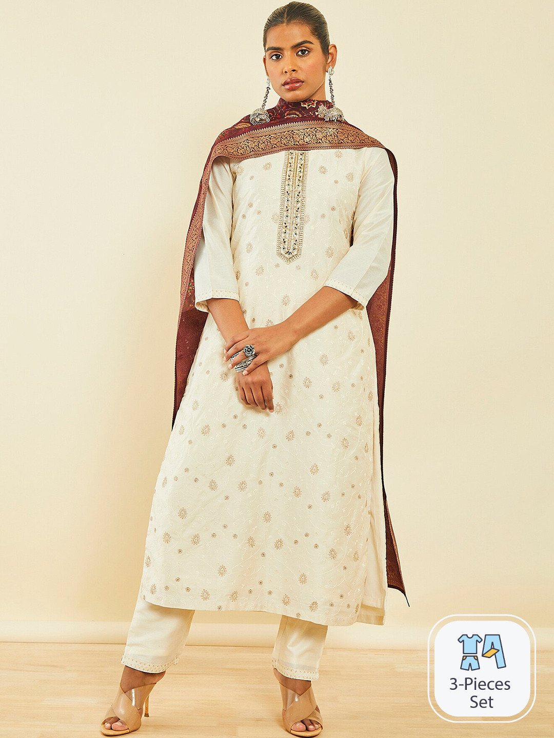 

Soch Ethnic Motifs Embroidered Thread Work Kurta With Trousers & Dupatta, Off white