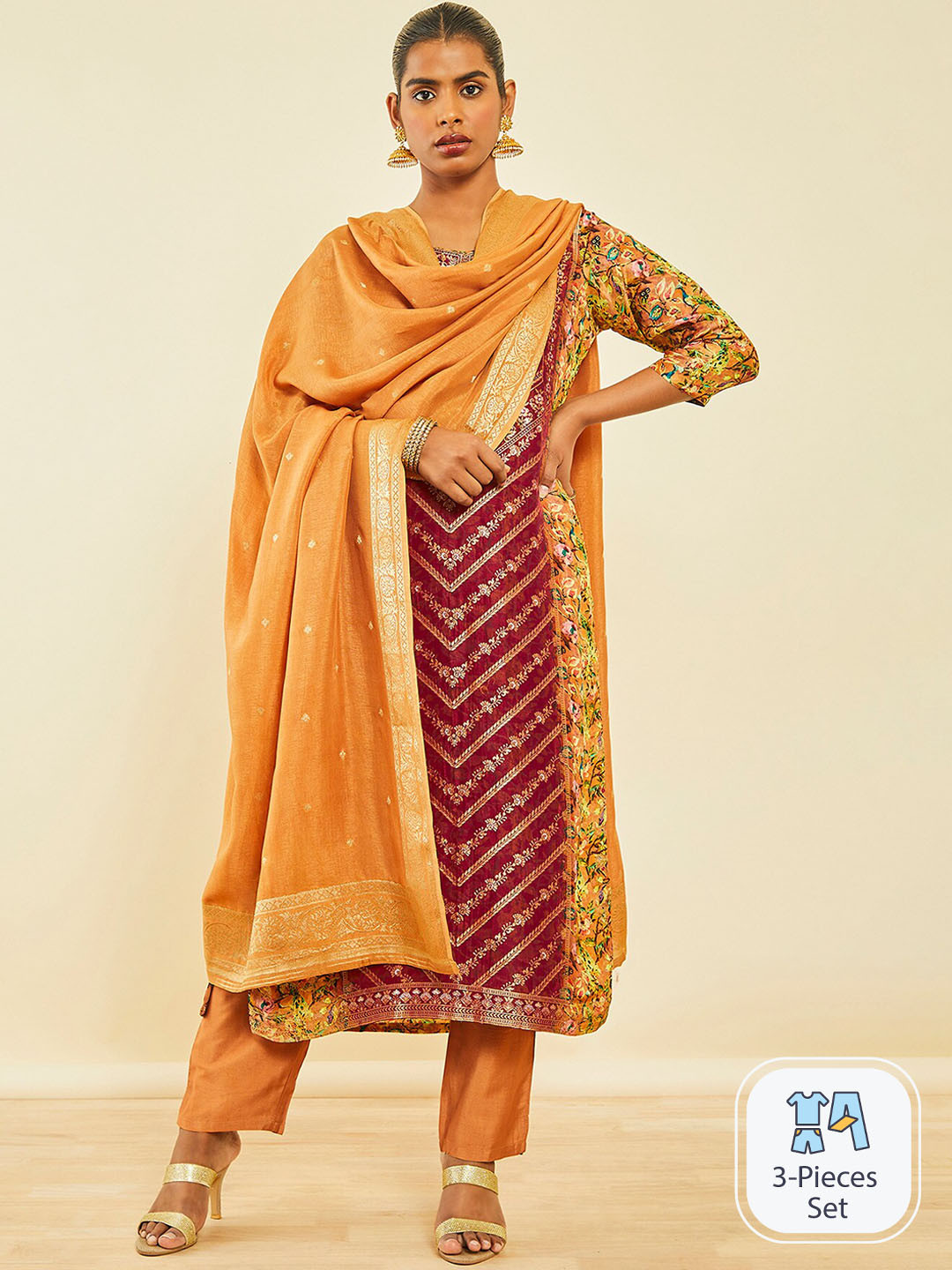 

Soch Ethnic Motifs Printed Regular Beads and Stones Kurta With Trousers & Dupatta, Peach