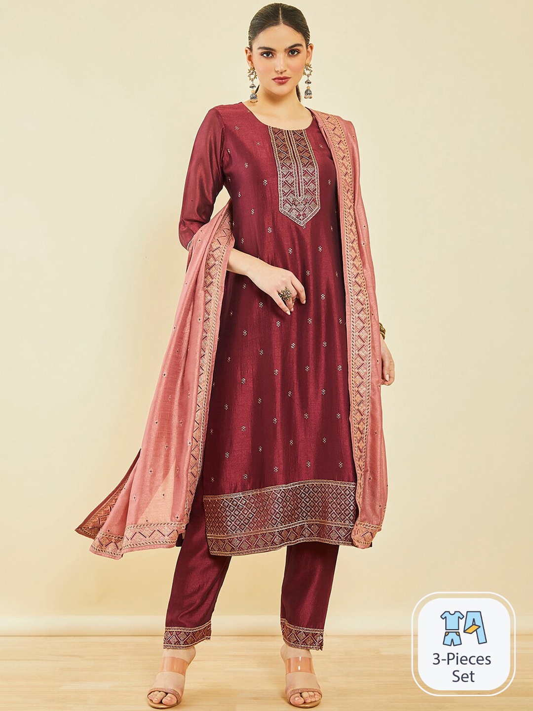 

Soch Ethnic Motifs Embroidered Regular Sequinned Kurta With Trousers & Dupatta, Maroon