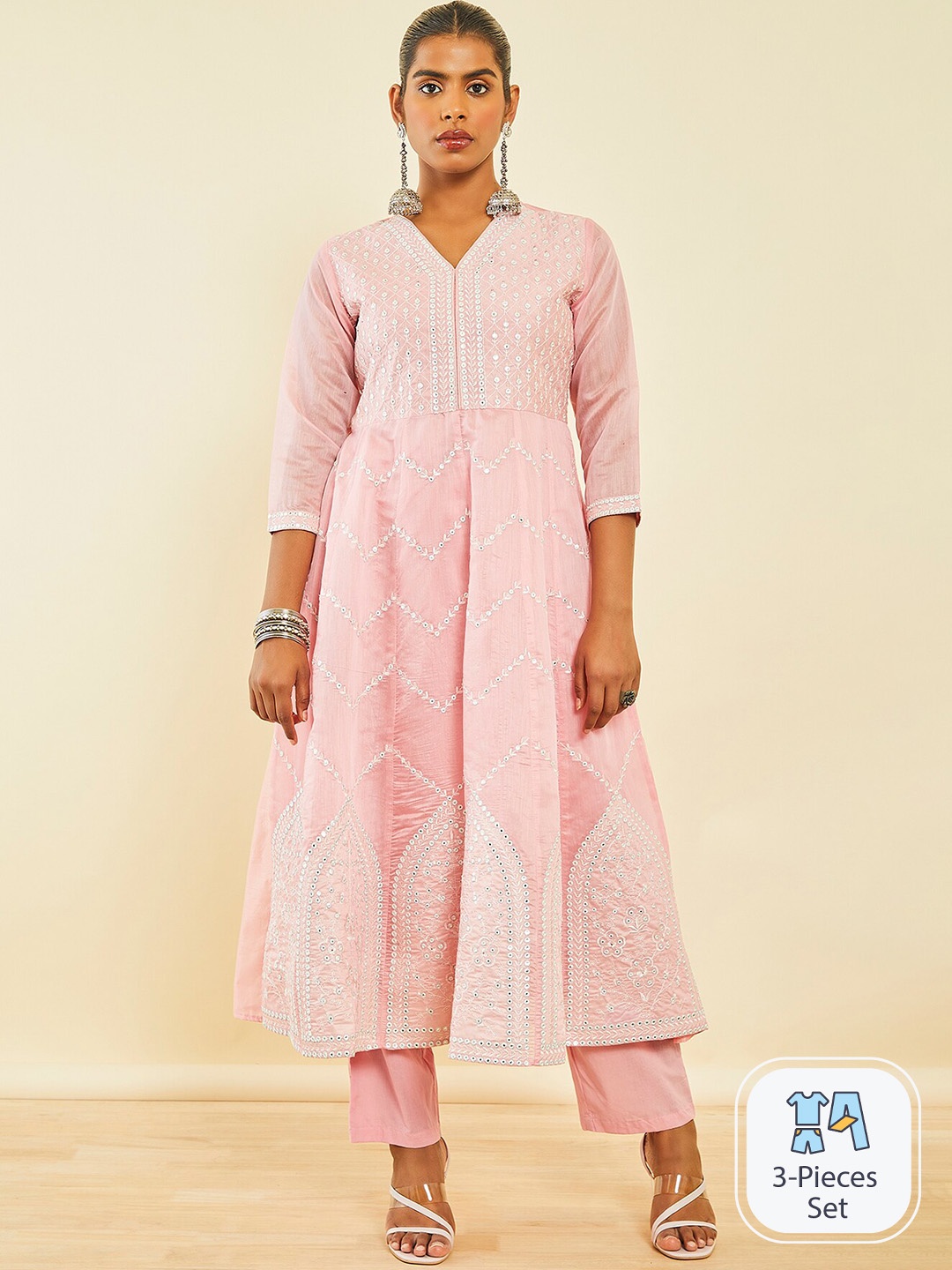 

Soch Ethnic Motifs Embroidered V-Neck Sequinned Detail Chanderi Silk A-Line Kurta Set, Pink