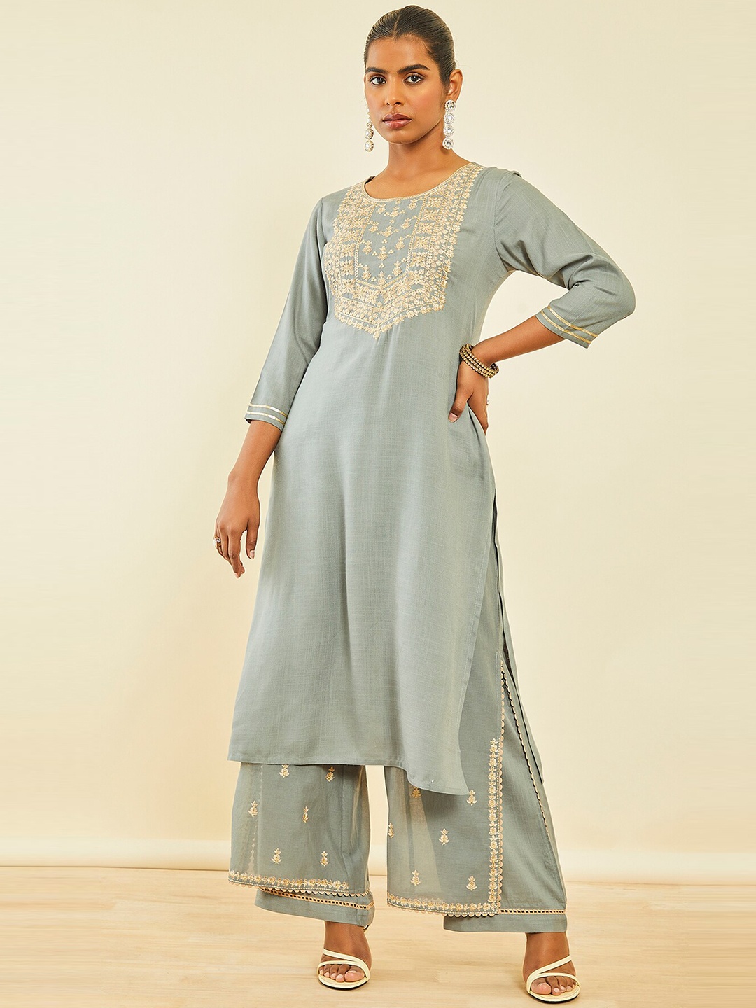 

Soch Ethnic Motifs Embroidered Thread Work Kurta With Palazzos, Grey