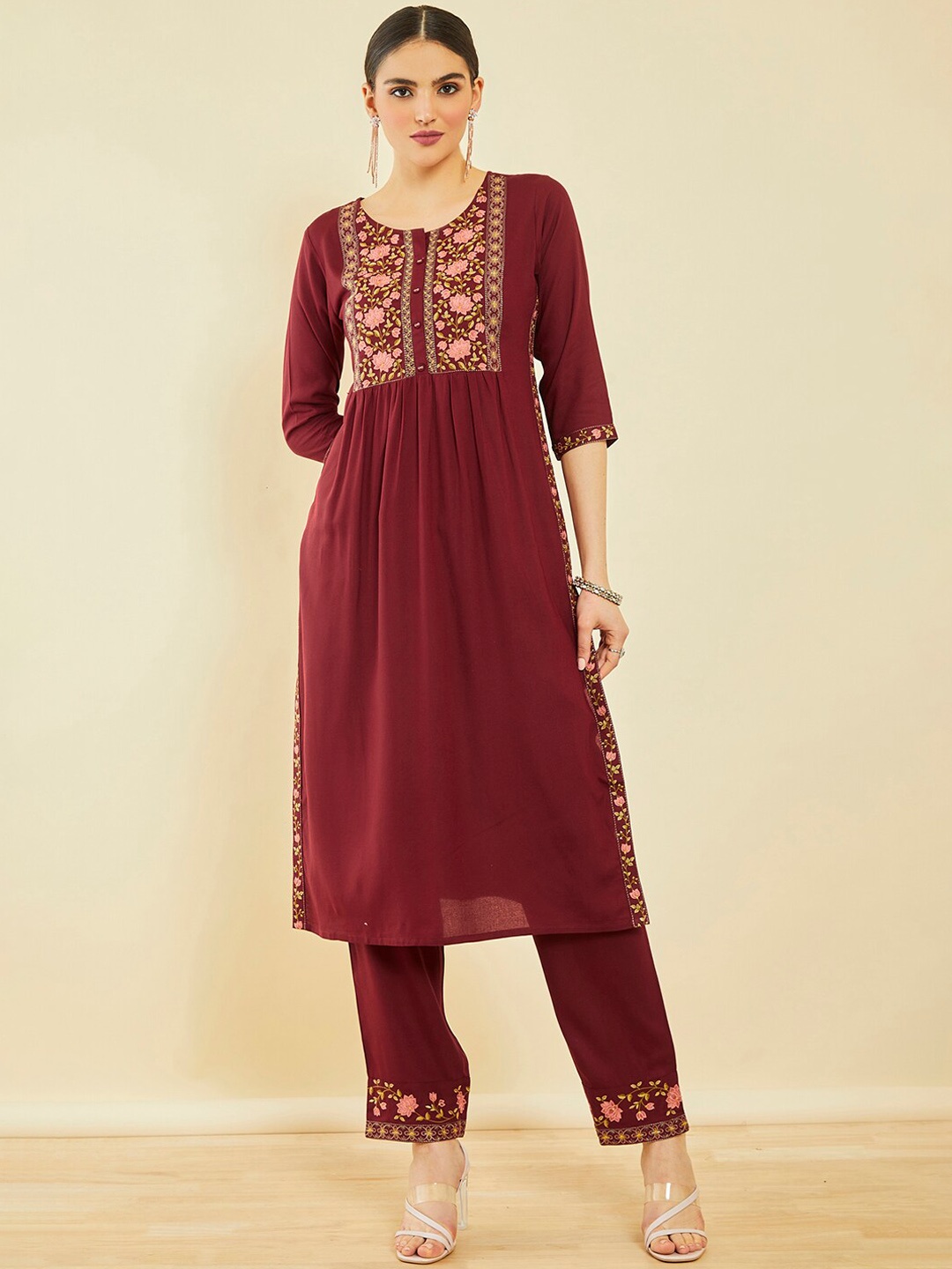 

Soch Floral Embroidered Thread Work Pleated Kurta With Trousers, Maroon