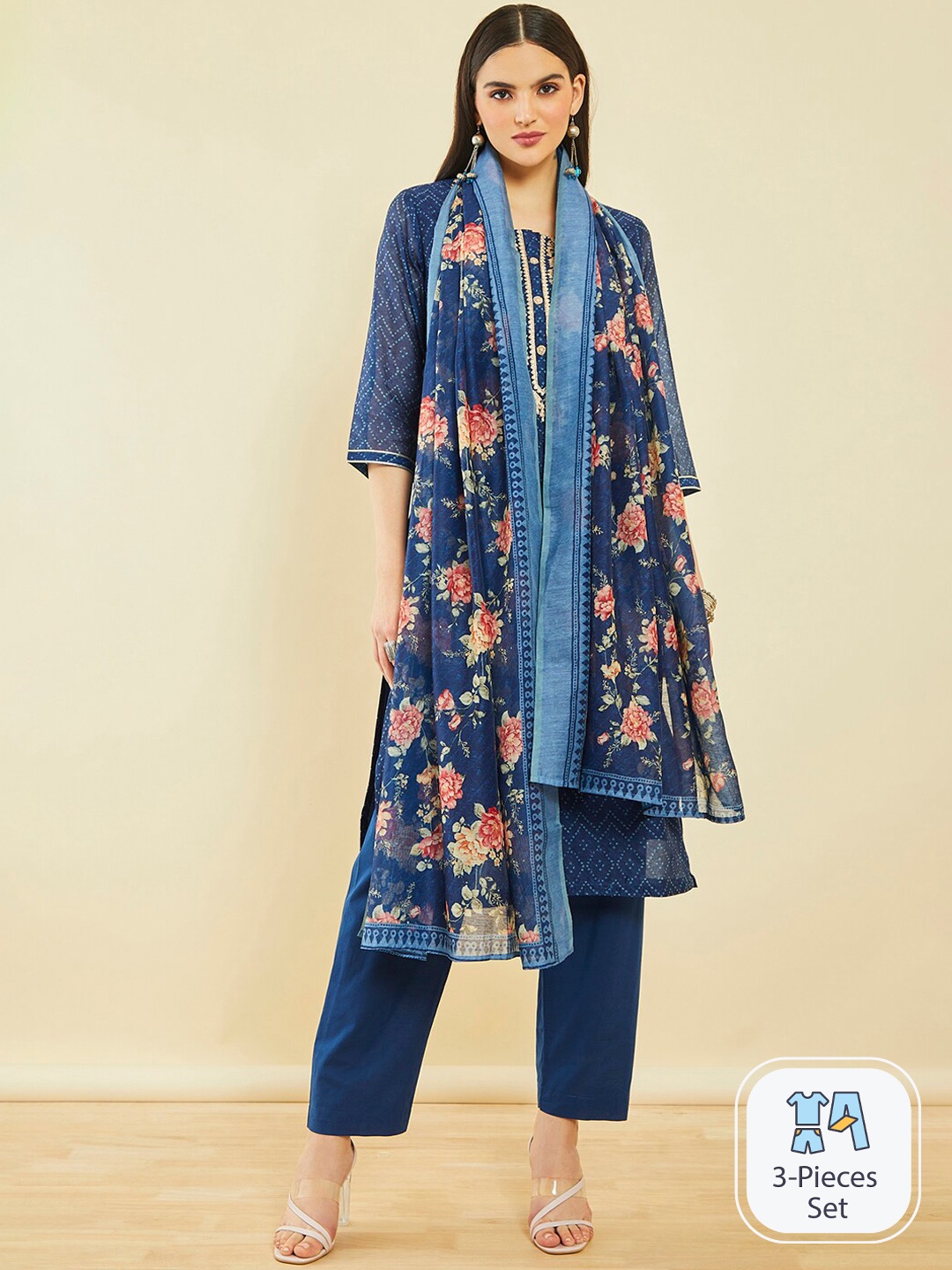 

Soch Bandhani Printed Straight Kurta & Trousers With Dupatta, Navy blue