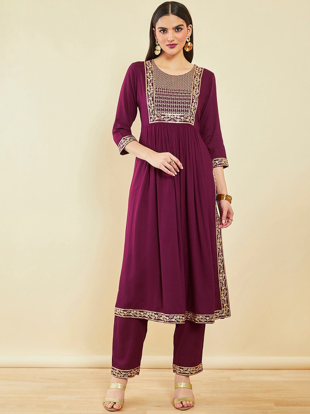 

Soch Ethnic Motifs Yoke Design High Slit Thread Work Kurta with Trousers, Maroon