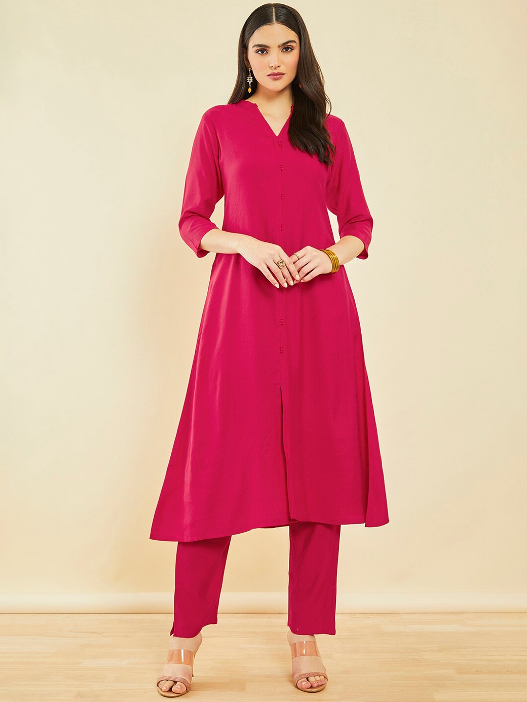 

Soch Mandarin Collar A-Line Kurta with Trousers, Pink