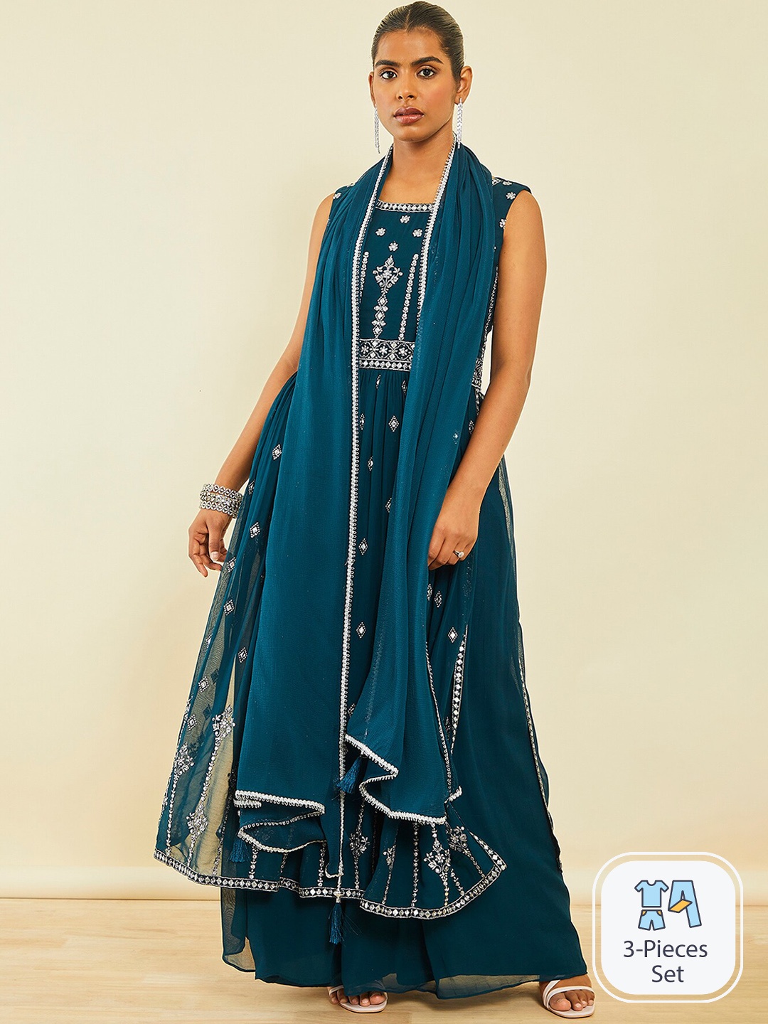 

Soch Ethnic Motifs Embroidered Empire Georgette Kurta with Palazzos & Dupatta, Teal