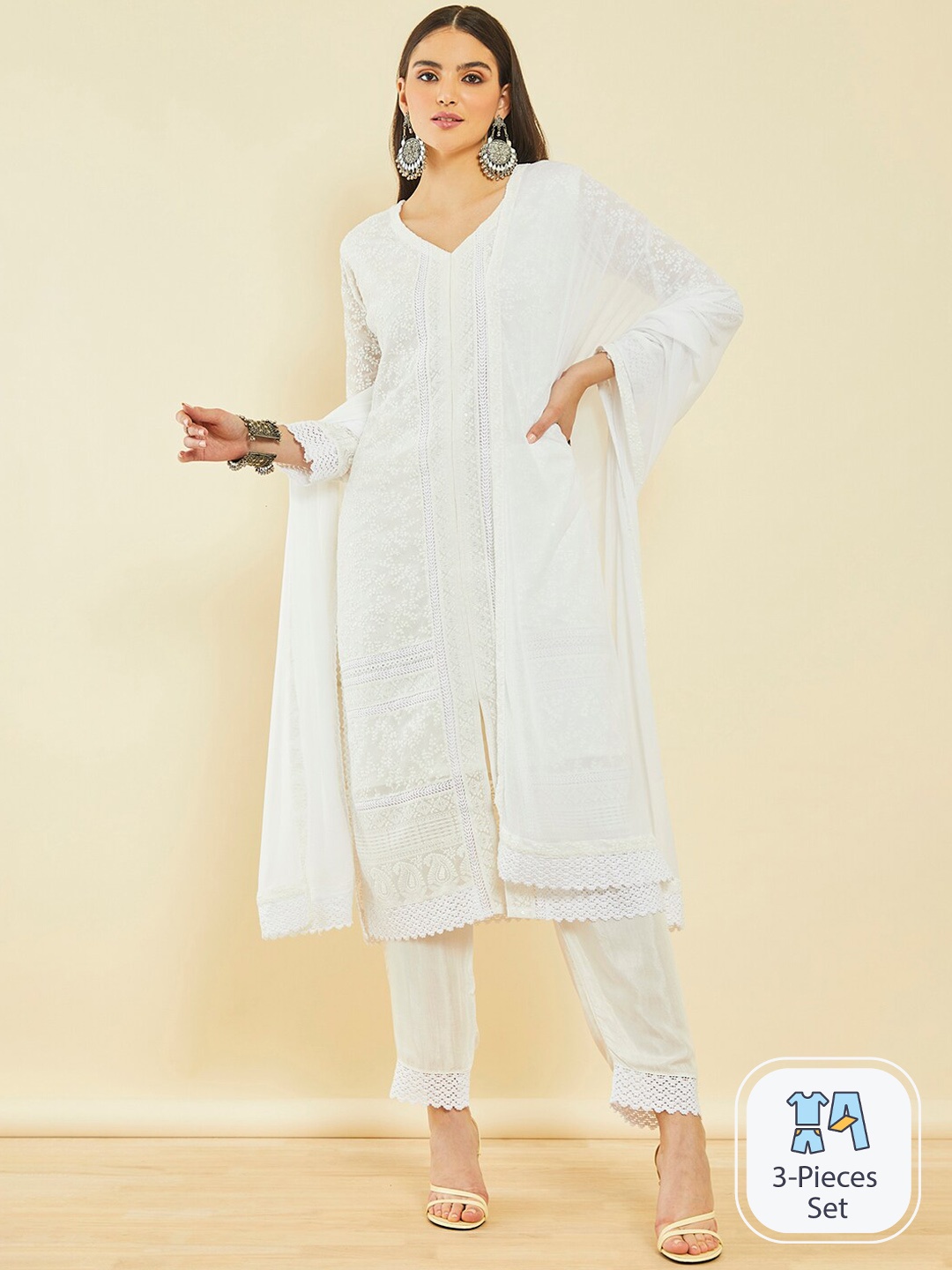 

Soch Ethnic Motifs Embroidered Thread Work Kurta & Trousers With Dupatta, White