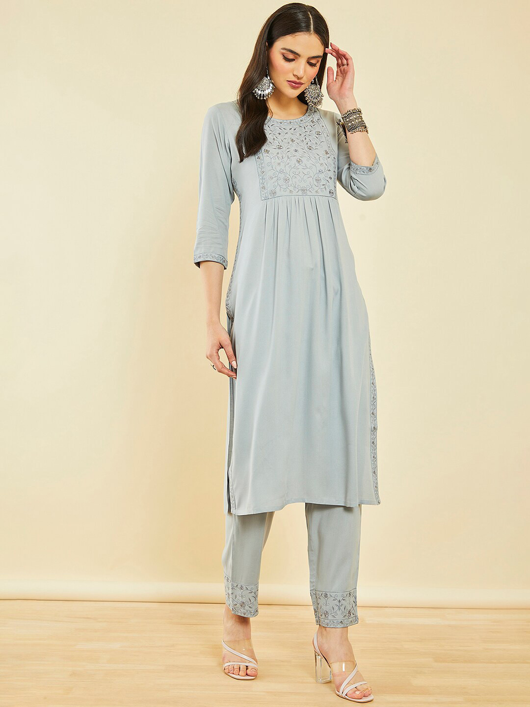 

Soch Ethnic Motifs Embroidered Empire Thread Work Kurta With Trousers, Grey