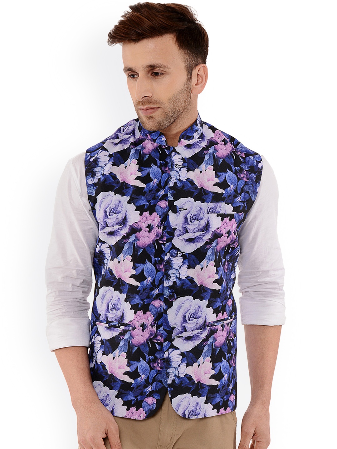 Hangup Men Black & Blue Printed Nehru Jacket