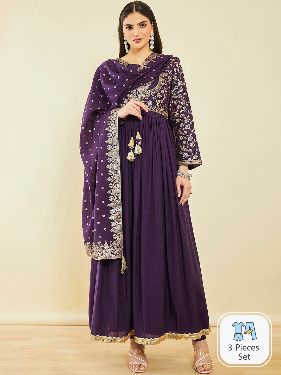 

Soch Ethnic Motifs Embroidered Empire Kurta & Churidar & With Dupatta, Purple